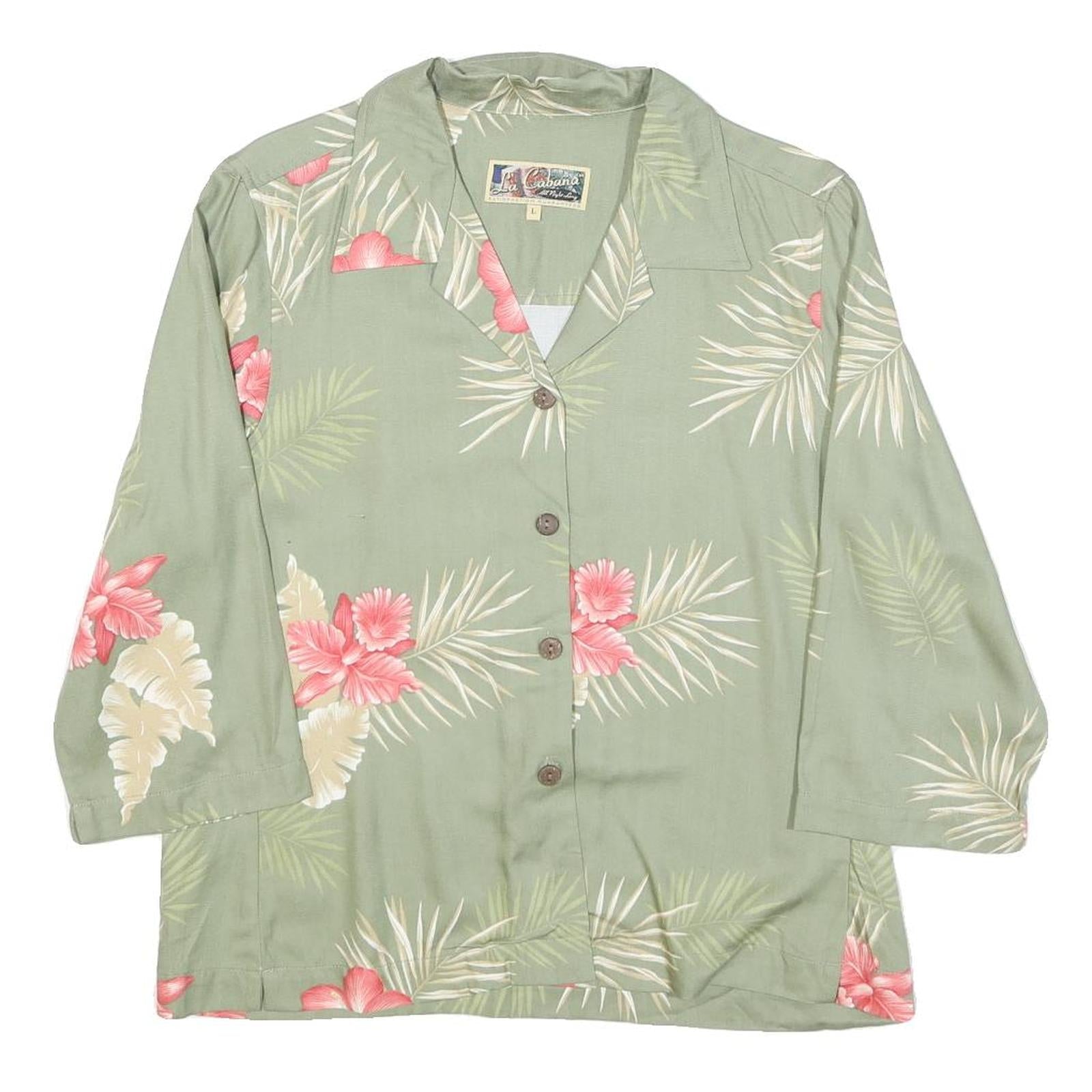 LA CABANA Womens Green & Pink Floral Rayon Shirt Long Sleeve Collared L Relaxed Refurbished - N/A refurbished available on Cerqular