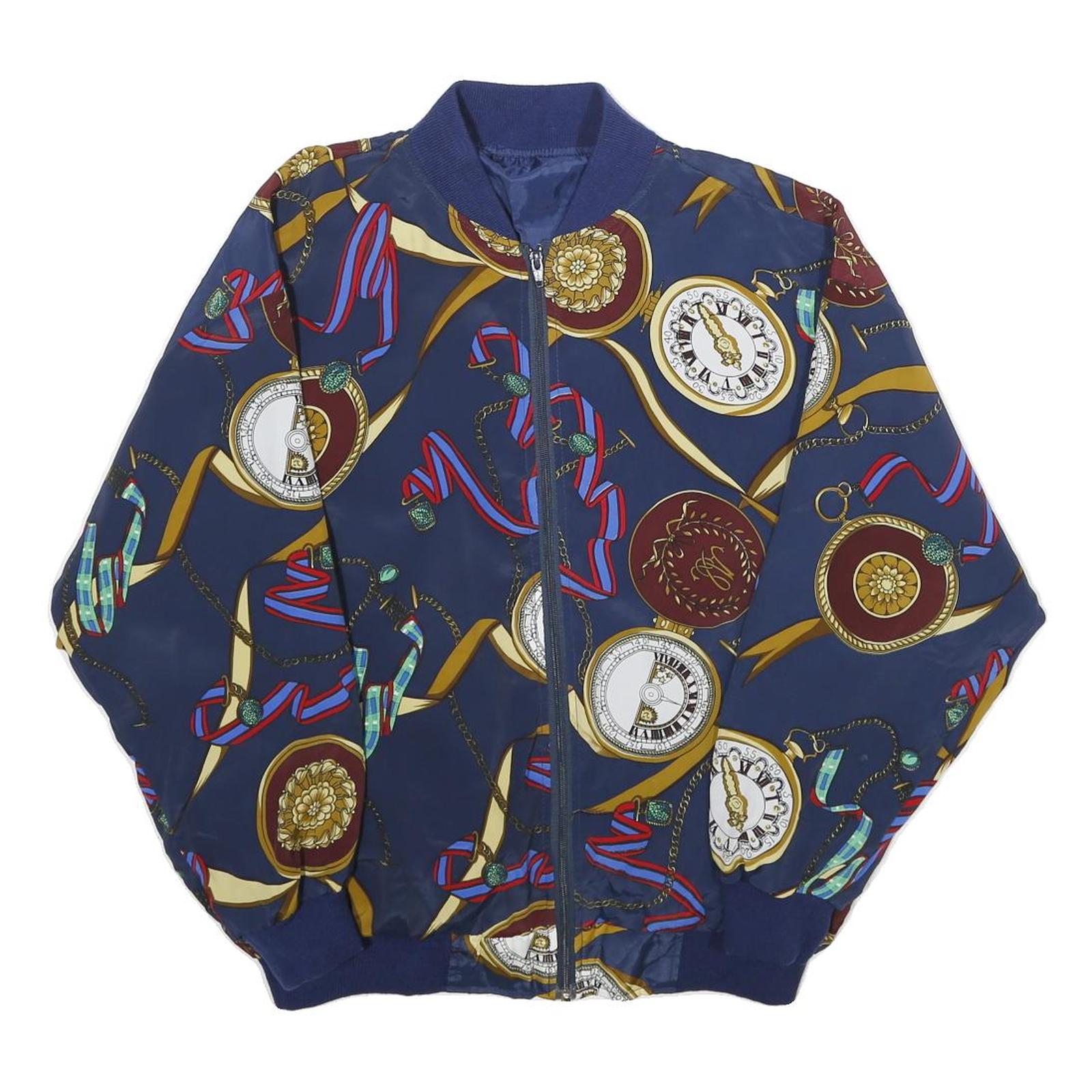 Womens Navy Blue Printed Bomber Jacket L Woven Zip Closure Retro Style Refurbished - N/A refurbished available on Cerqular