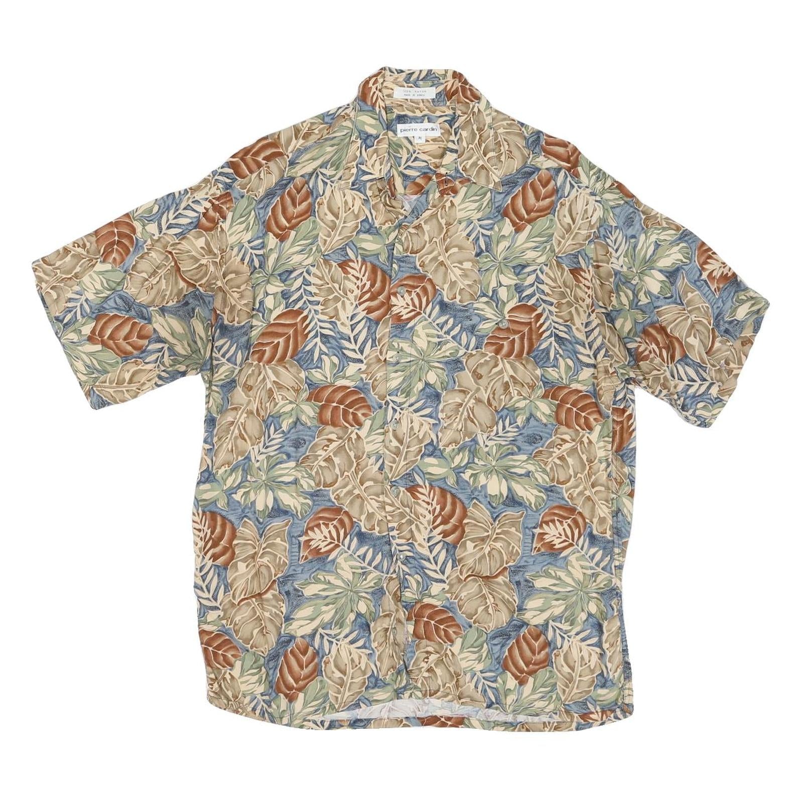 PIERRE CARDIN Mens Beige & Blue Leaf Pattern Shirt M Rayon Lightweight Casual Refurbished - N/A refurbished available on Cerqular