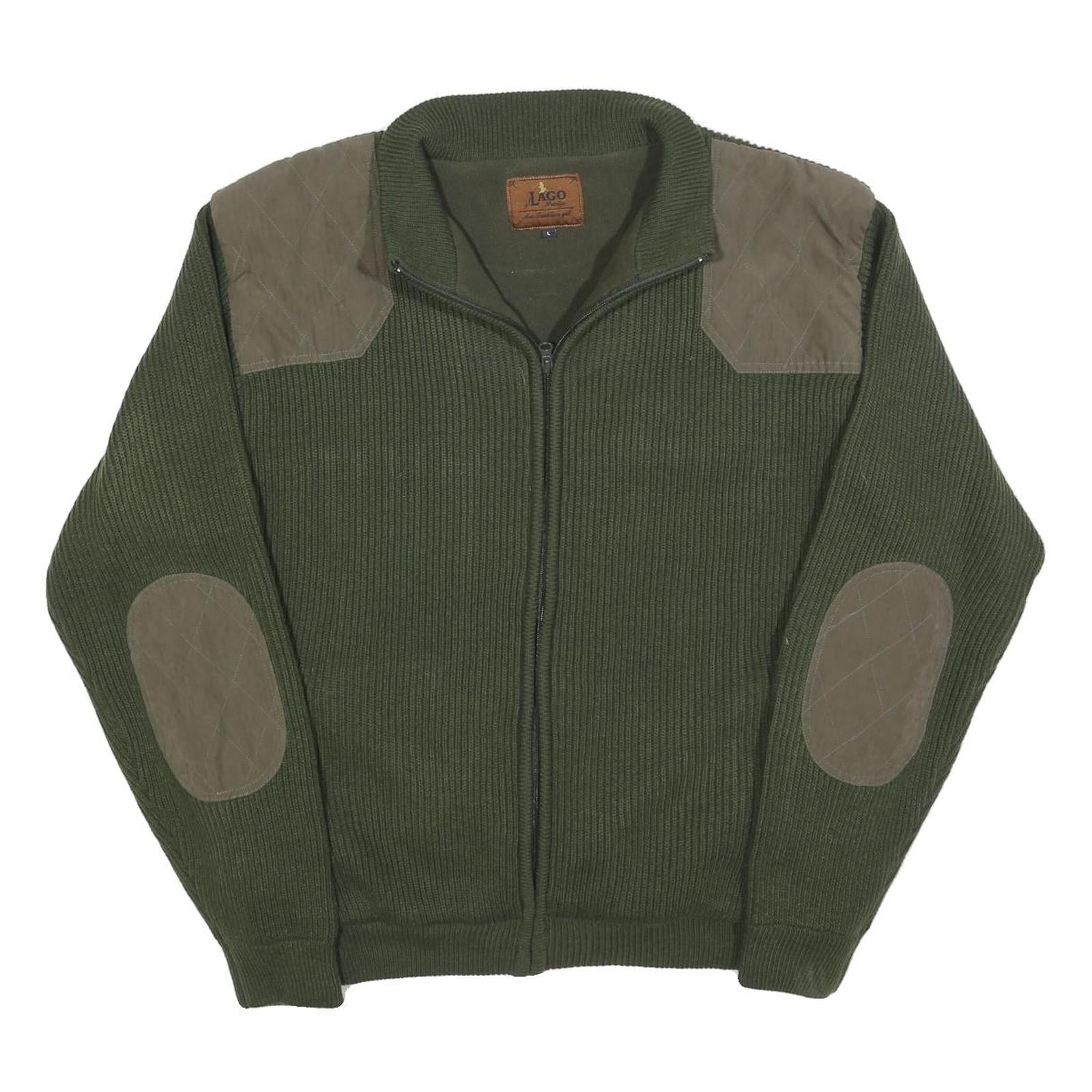LAGO Mens Green & Brown Zip Up Knitted Jacket L Polyester Blend Quilted Patches Refurbished - N/A refurbished available on Cerqular