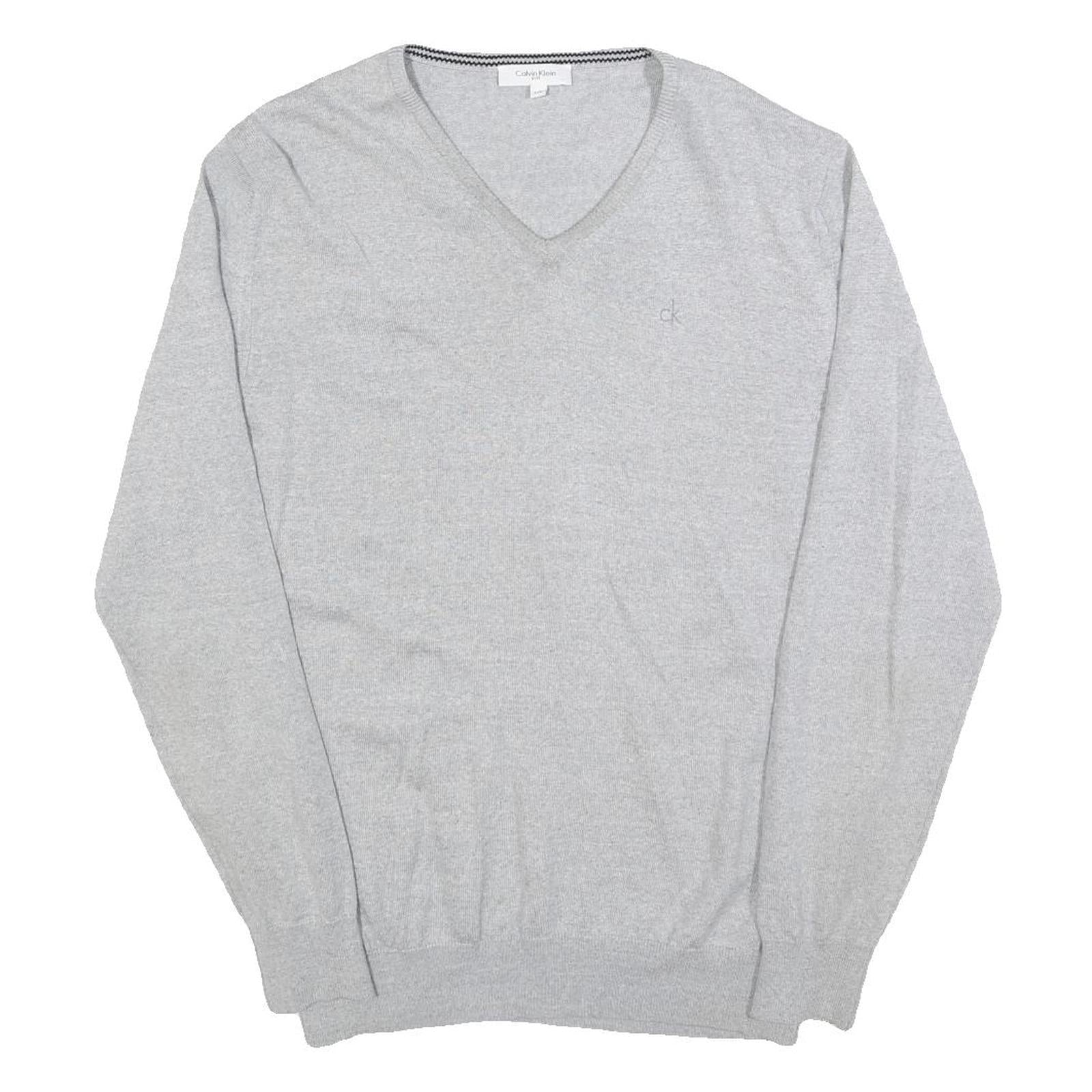 CALVIN KLEIN Mens Grey Patterned Wool Blend V-Neck Jumper L Soft Warm Comfort Refurbished - N/A refurbished available on Cerqular