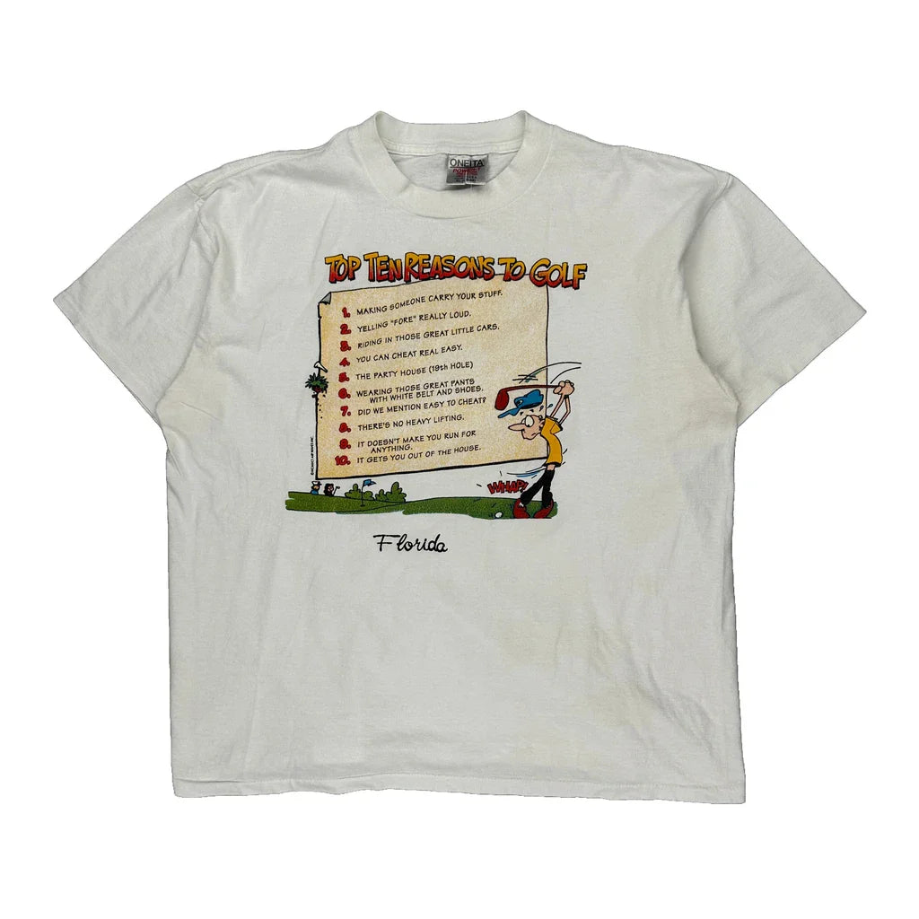 Top Ten Reasons To Golf Oneita Graphic T-Shirt - XL White Cotton Refurbished - Thrifted (note: this is a term often used to describe second- refurbished available on Cerqular