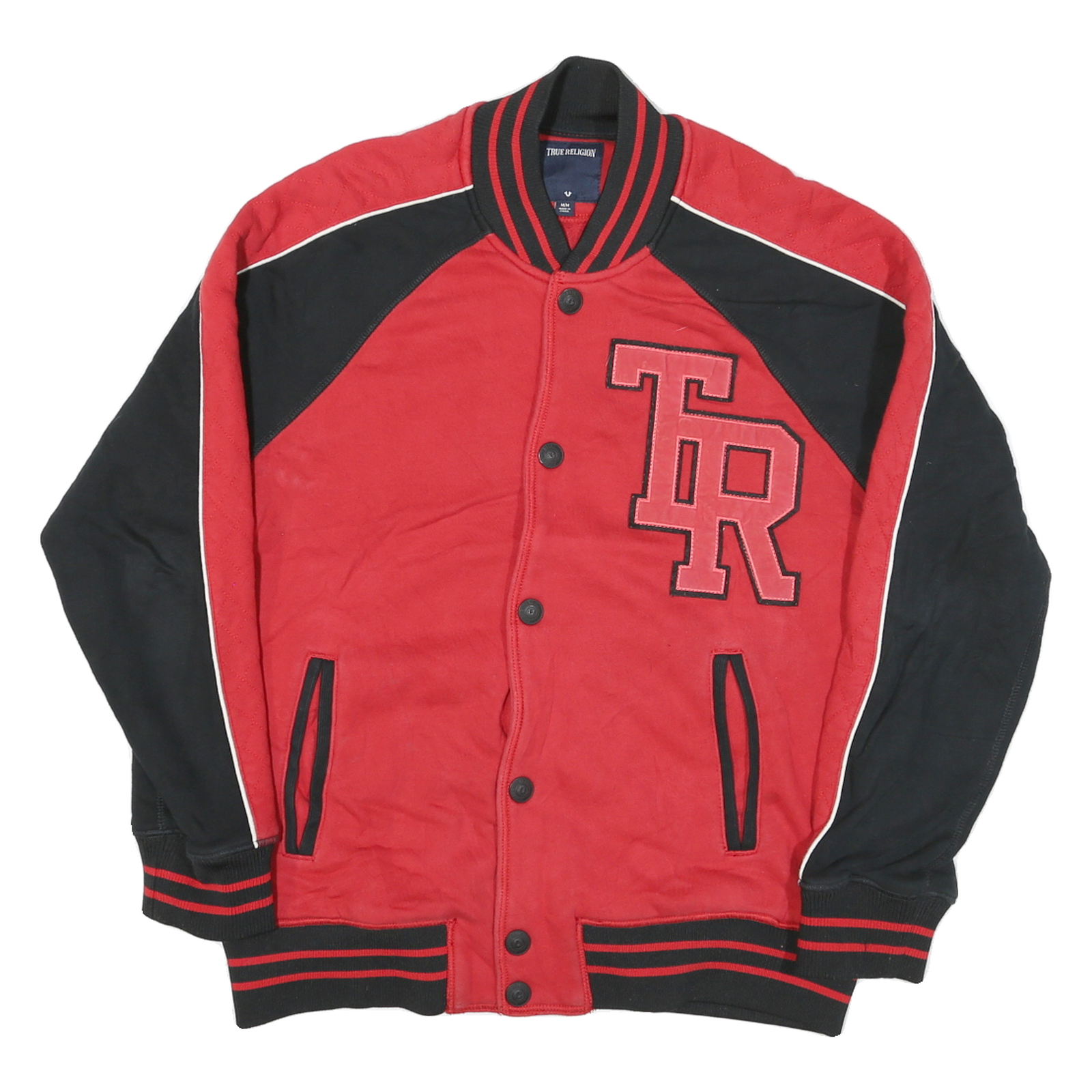 TRUE RELIGION Mens Red & Black Varsity Jacket M Cotton Blend Button Bomber Zip Refurbished - N/A refurbished available on Cerqular