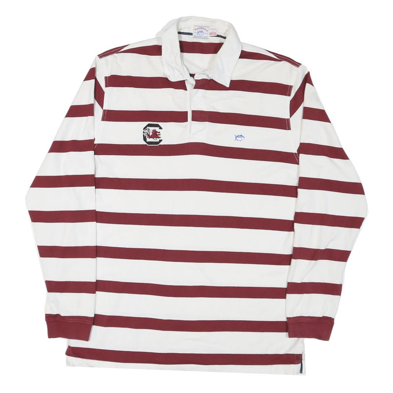 NAUTICAL Mens White & Burgundy Striped Long Sleeve Polo Shirt L Cotton Blend Refurbished - N/A refurbished available on Cerqular