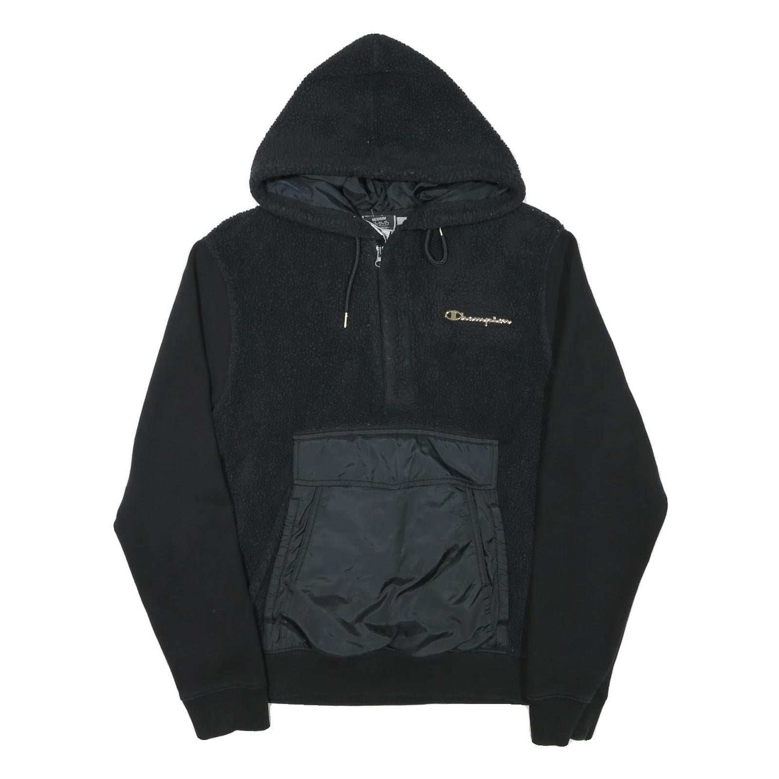 CHAMPION Mens Black Polyester Blend Quarter Zip Hoodie M Sherpa Style Pocket Refurbished - N/A refurbished available on Cerqular