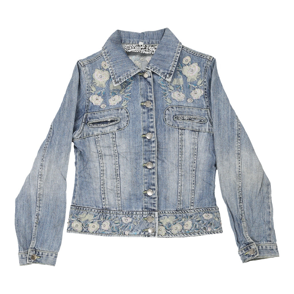 Y2K Artigli Floral Denim Jacket - Large Light Wash Cotton Refurbished - Thrifted (note: this is a term often used to describe second- refurbished available on Cerqular