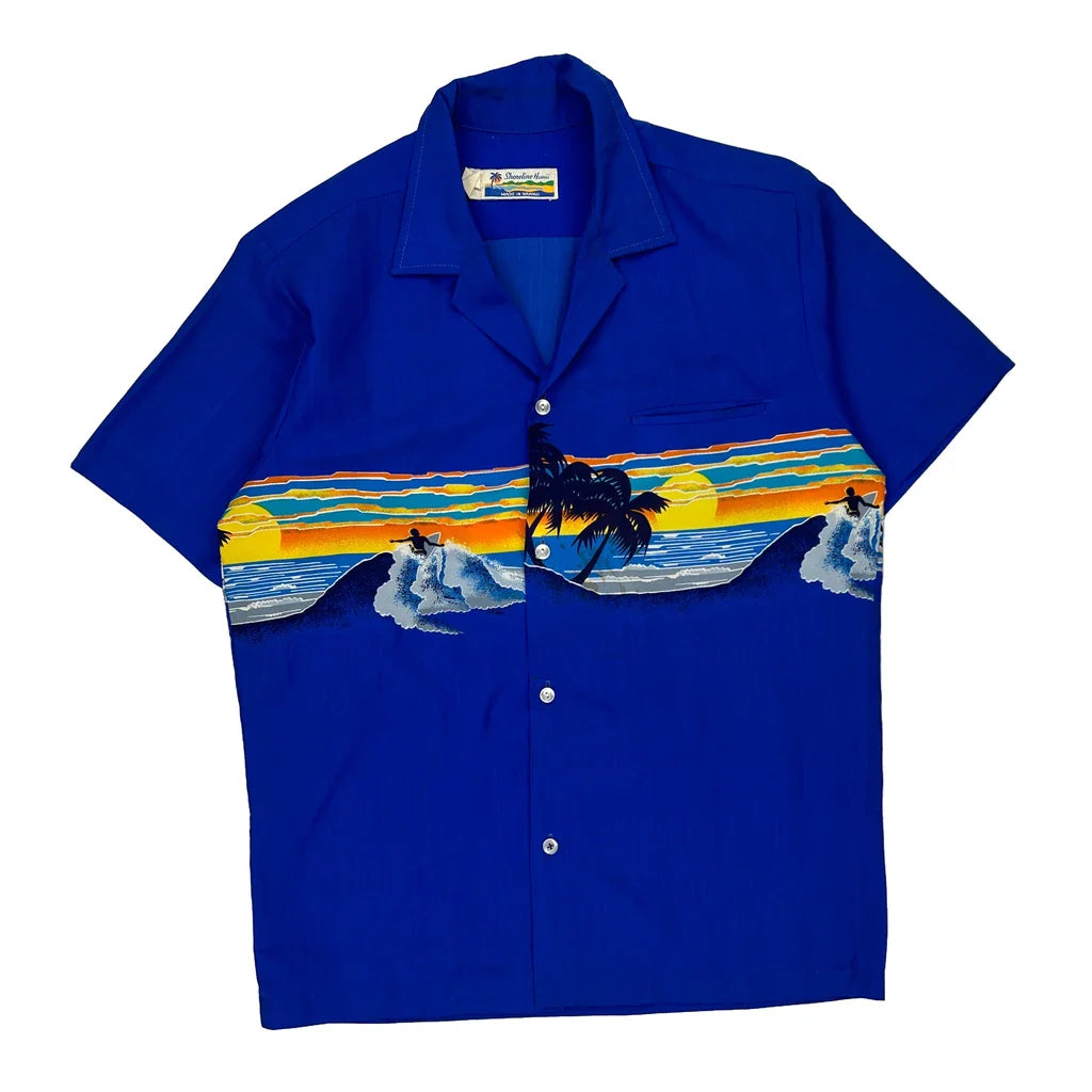 Made In Hawaii Sunset Shoreline Hawaii Graphic Hawaiian Shirt - Medium Blue Polyester Refurbished - Thrifted (note: this is a term often used to describe second- refurbished available on Cerqular