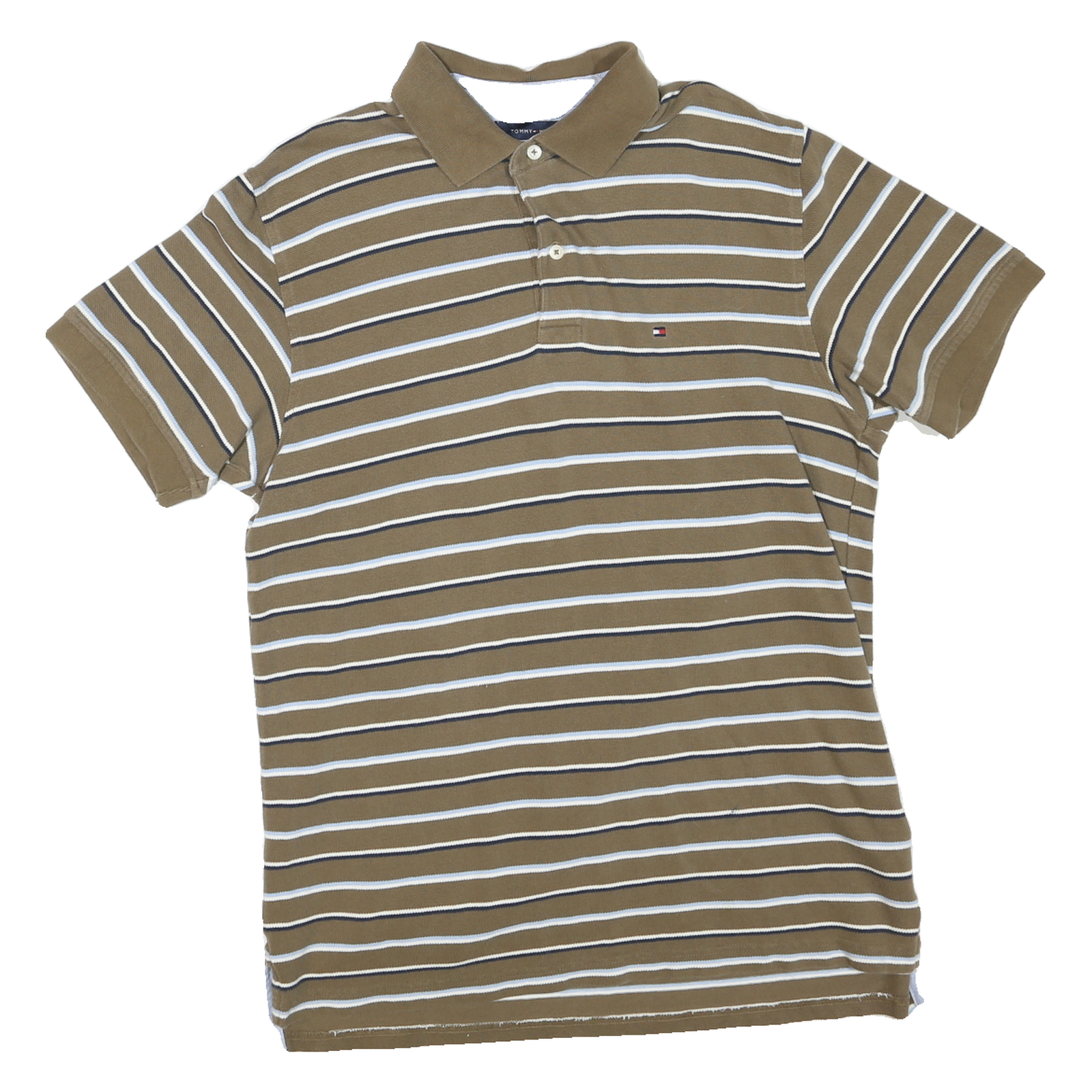 TOMMY HILFIGER Mens Brown & White Striped Short Sleeve Polo Shirt L Cotton Blend Refurbished - N/A refurbished available on Cerqular
