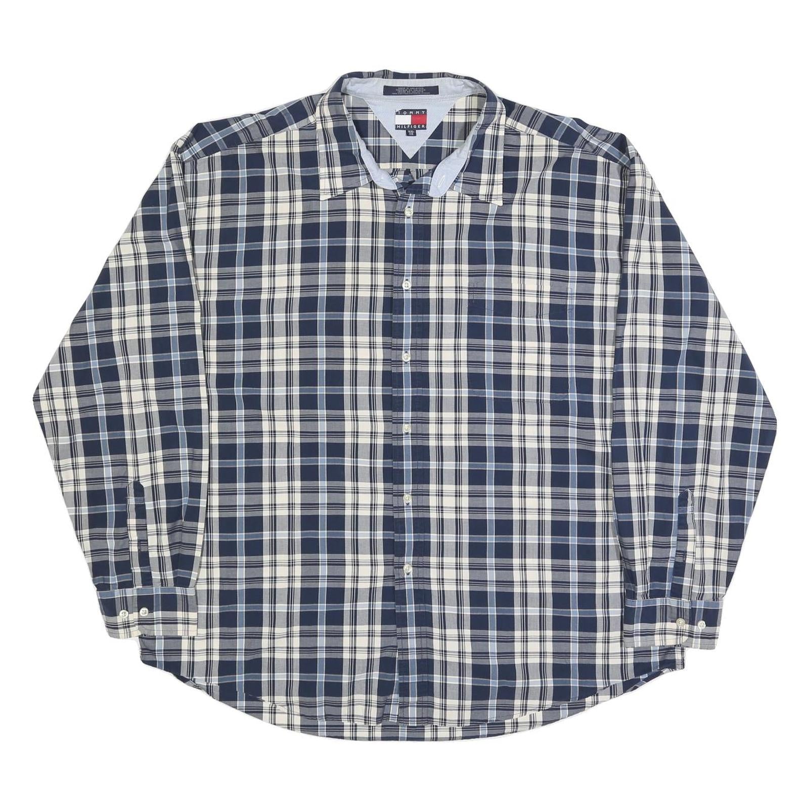 TOMMY HILFIGER Mens Blue & Cream Checked Shirt 2XL Cotton Blend Long Sleeve Refurbished - N/A refurbished available on Cerqular