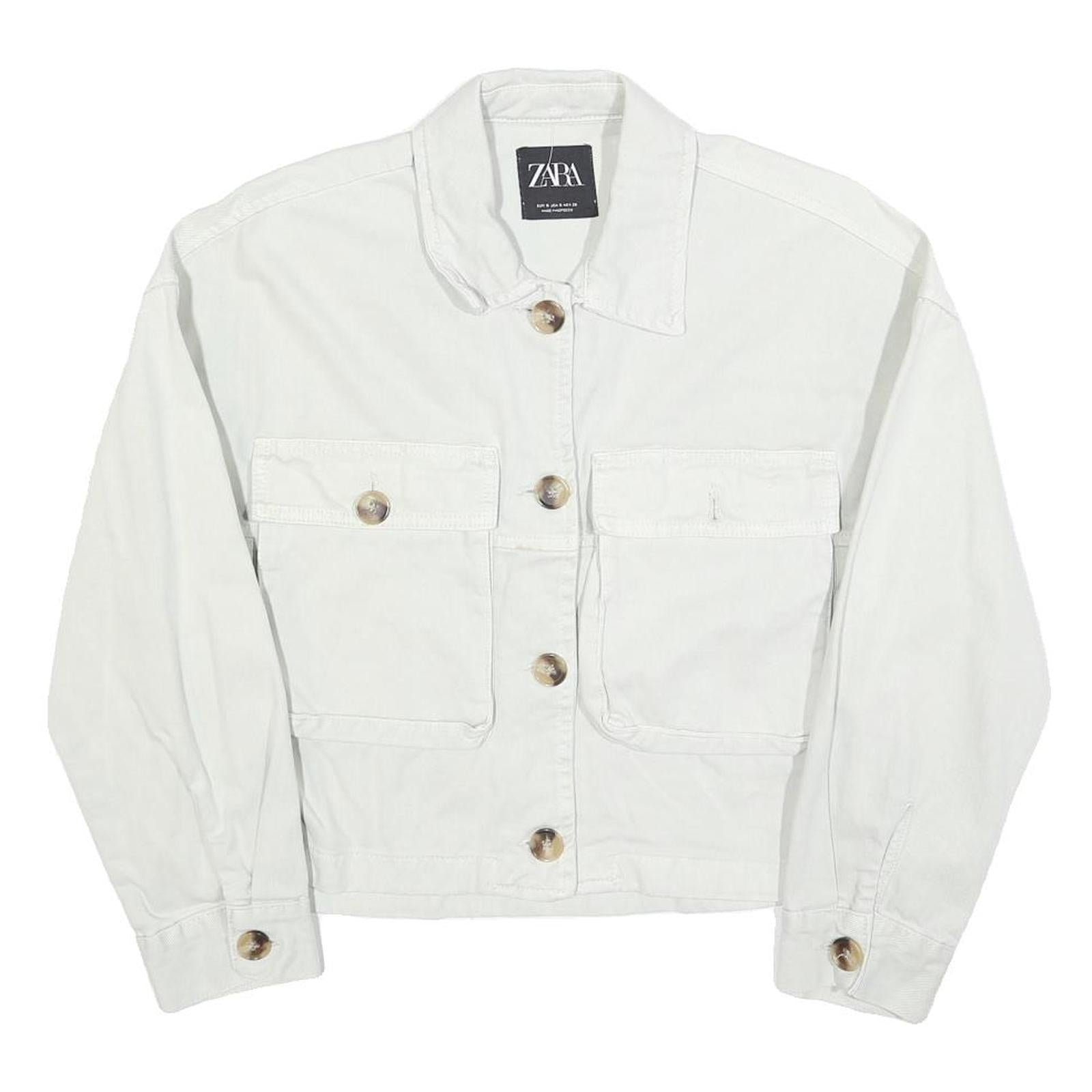 ZARA Womens White Cotton Blend Button Jacket S Plain Classic Casual Fashion Refurbished - N/A refurbished available on Cerqular