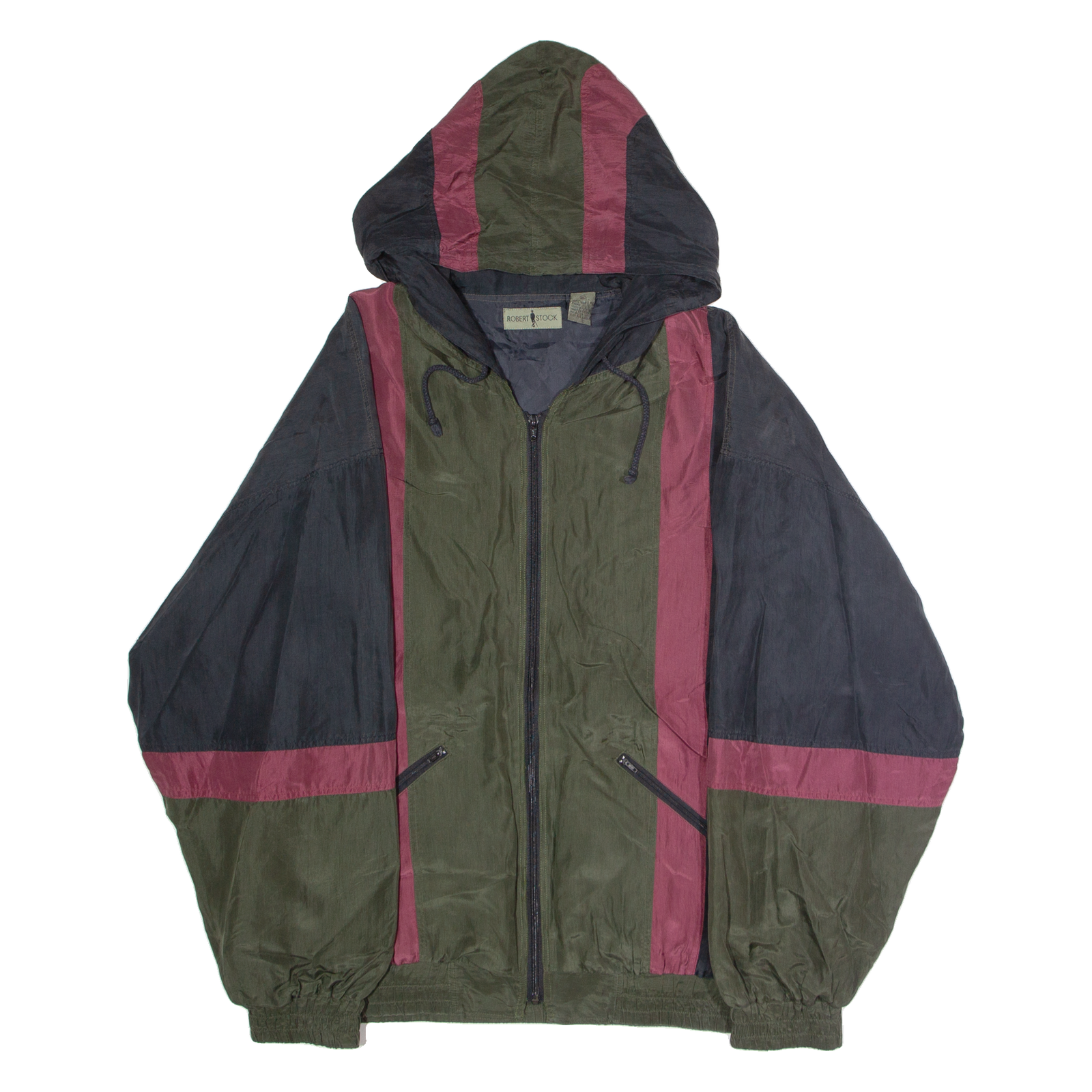 ROBERT STOCK Mens Windbreaker Jacket Green Silk 90s Hooded Striped XL Refurbished - N/A refurbished available on Cerqular