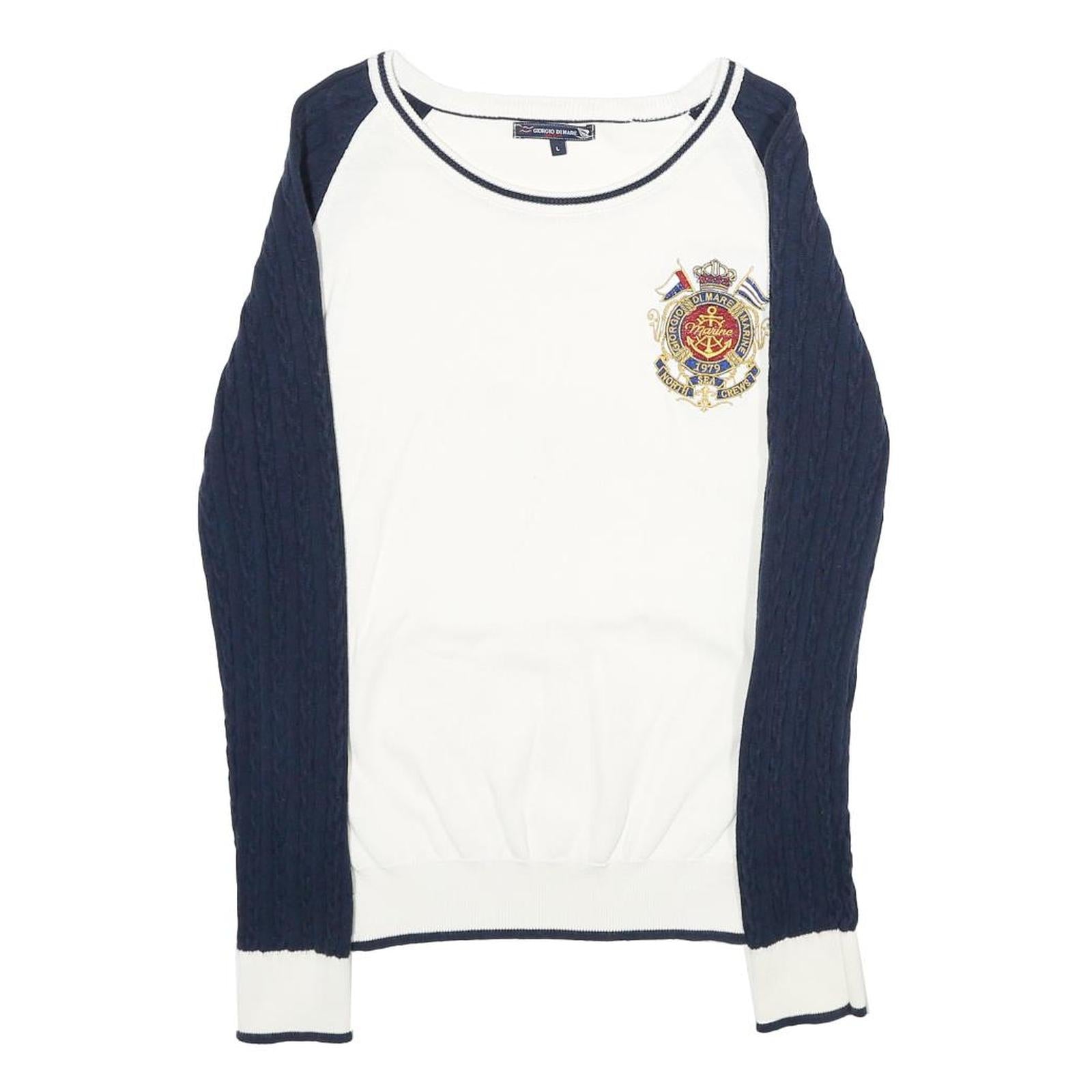 GIORGIO DI MARE Womens White & Navy Patterned Crew Neck Jumper L Cable Knit Refurbished - N/A refurbished available on Cerqular