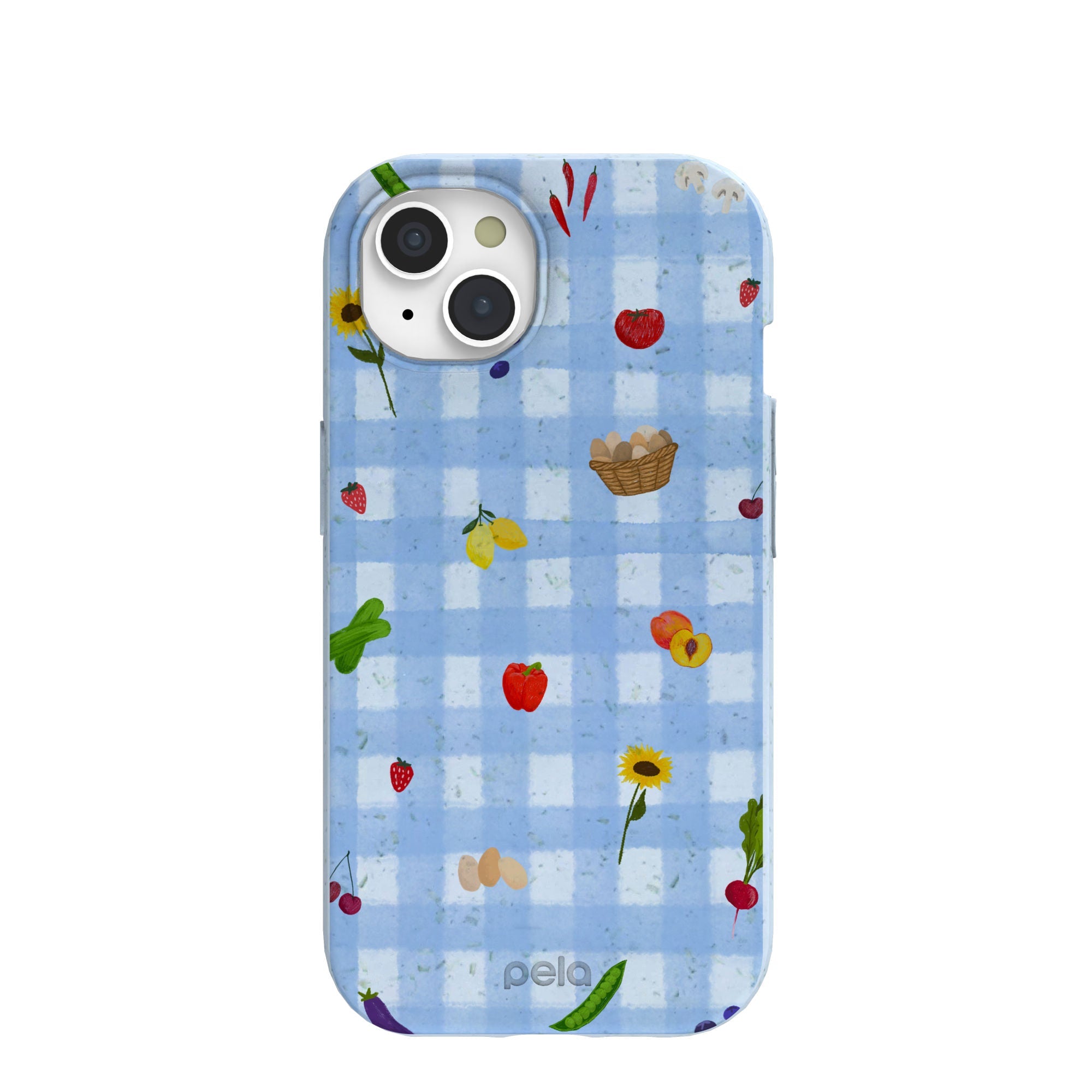 Powder Blue Gingham Farmhouse iPhone 15 Case Refurbished - Pela Case refurbished available on Cerqular