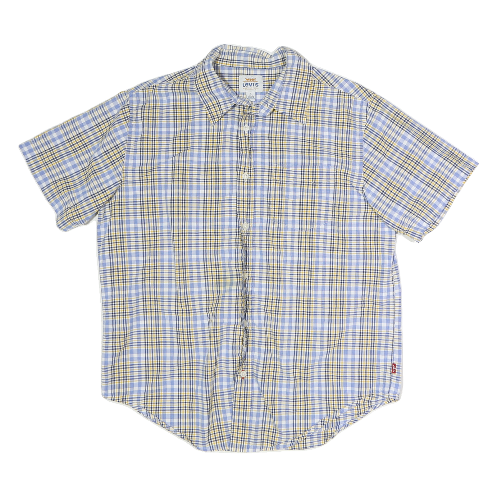 LEVI'S Mens Blue & Yellow Check Shirt L Cotton Summer Short Sleeve Casual Refurbished - N/A refurbished available on Cerqular