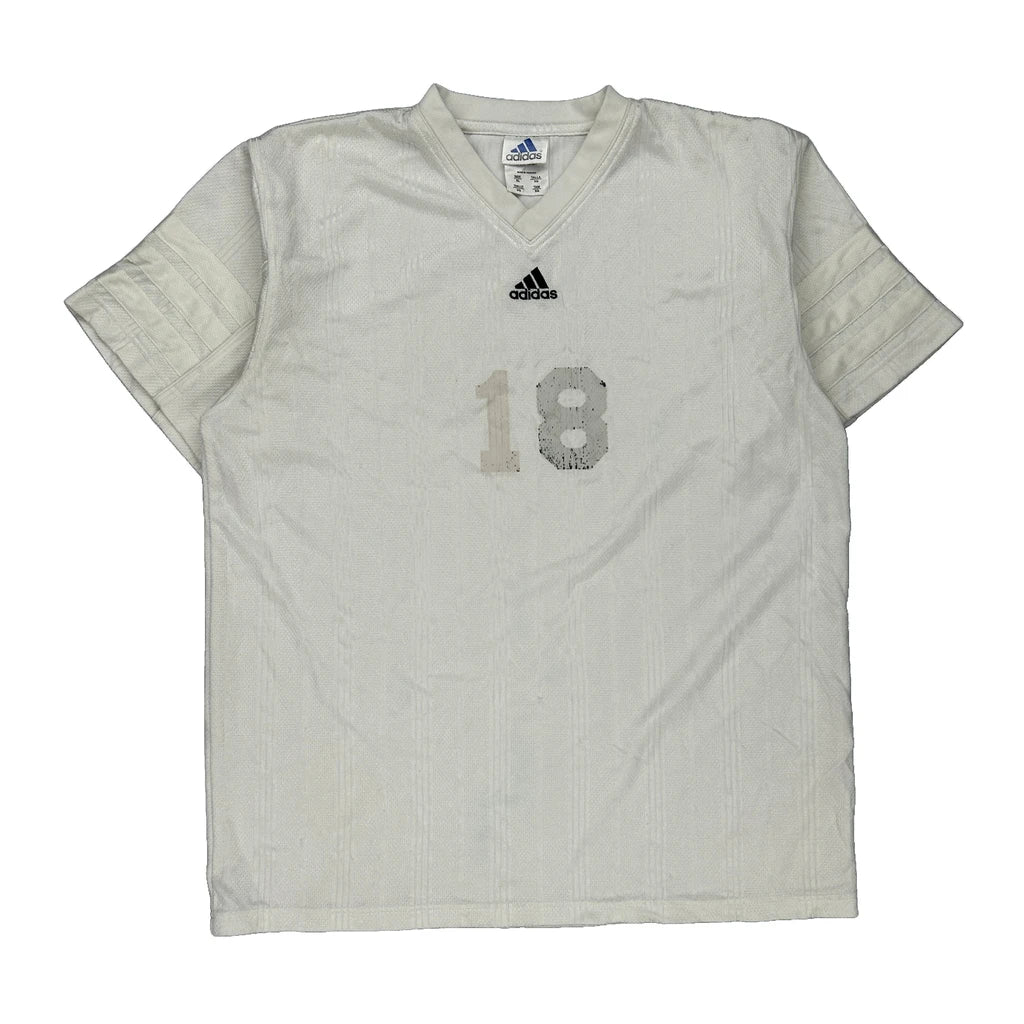 Number 18 Adidas Football Shirt - XL White Polyester Refurbished - Thrifted (note: this is a term often used to describe second- refurbished available on Cerqular