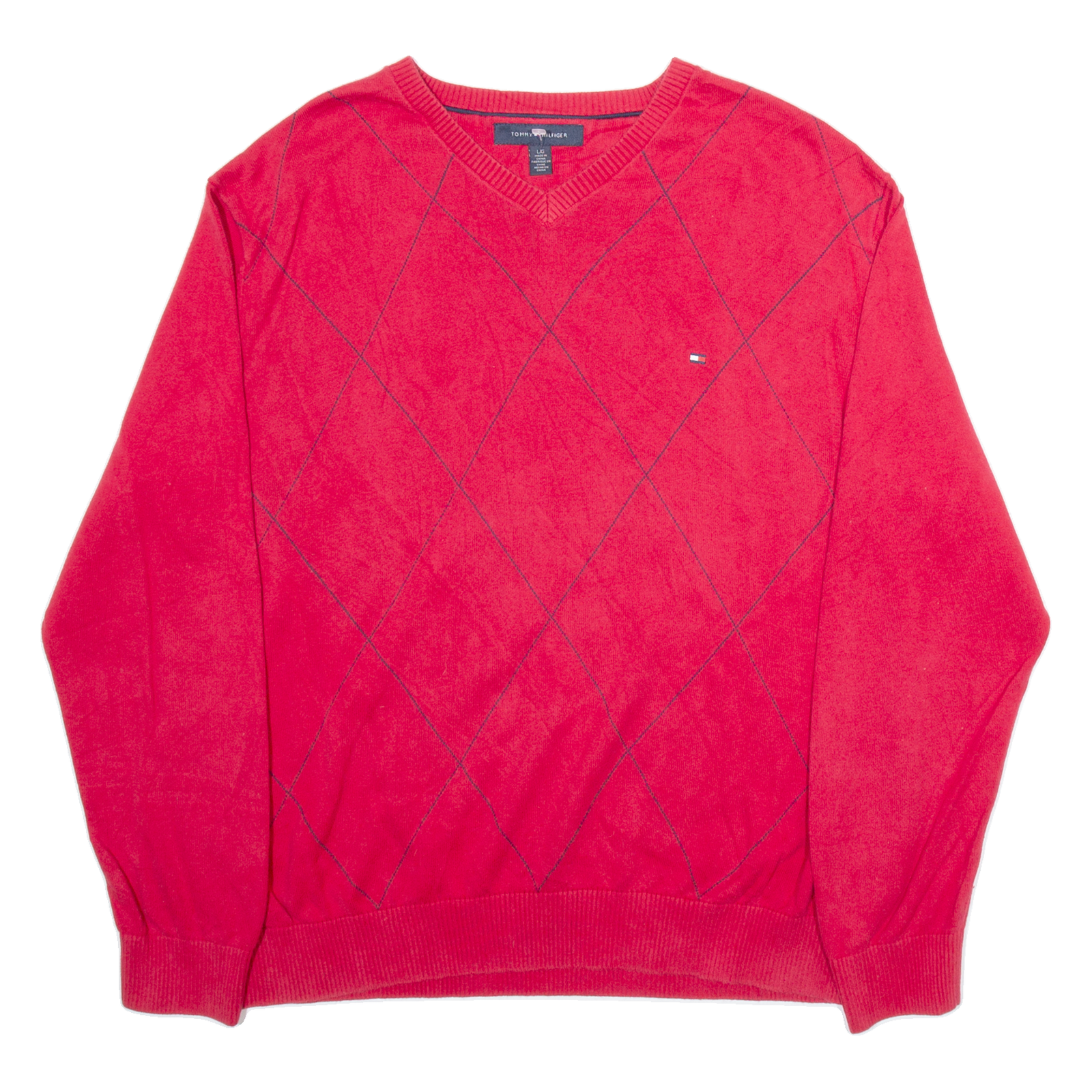 TOMMY HILFIGER Mens Patterned Jumper Red Argyle V-Neck Tight Knit L Refurbished - N/A refurbished available on Cerqular