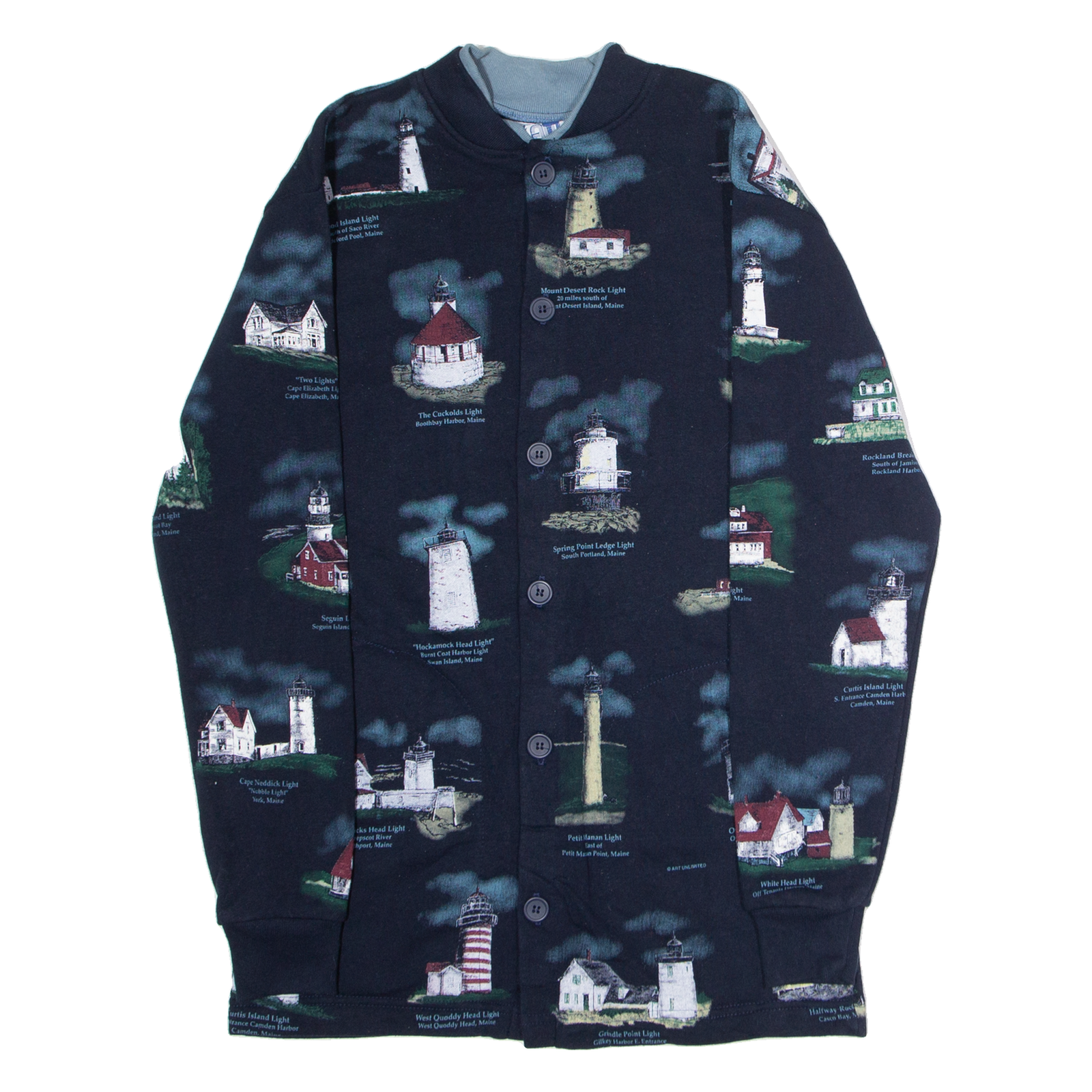 ART UNLIMITED Lighthouses Of New England Mens Bomber Jacket Blue 90s USA Crazy Pattern S Refurbished - N/A refurbished available on Cerqular