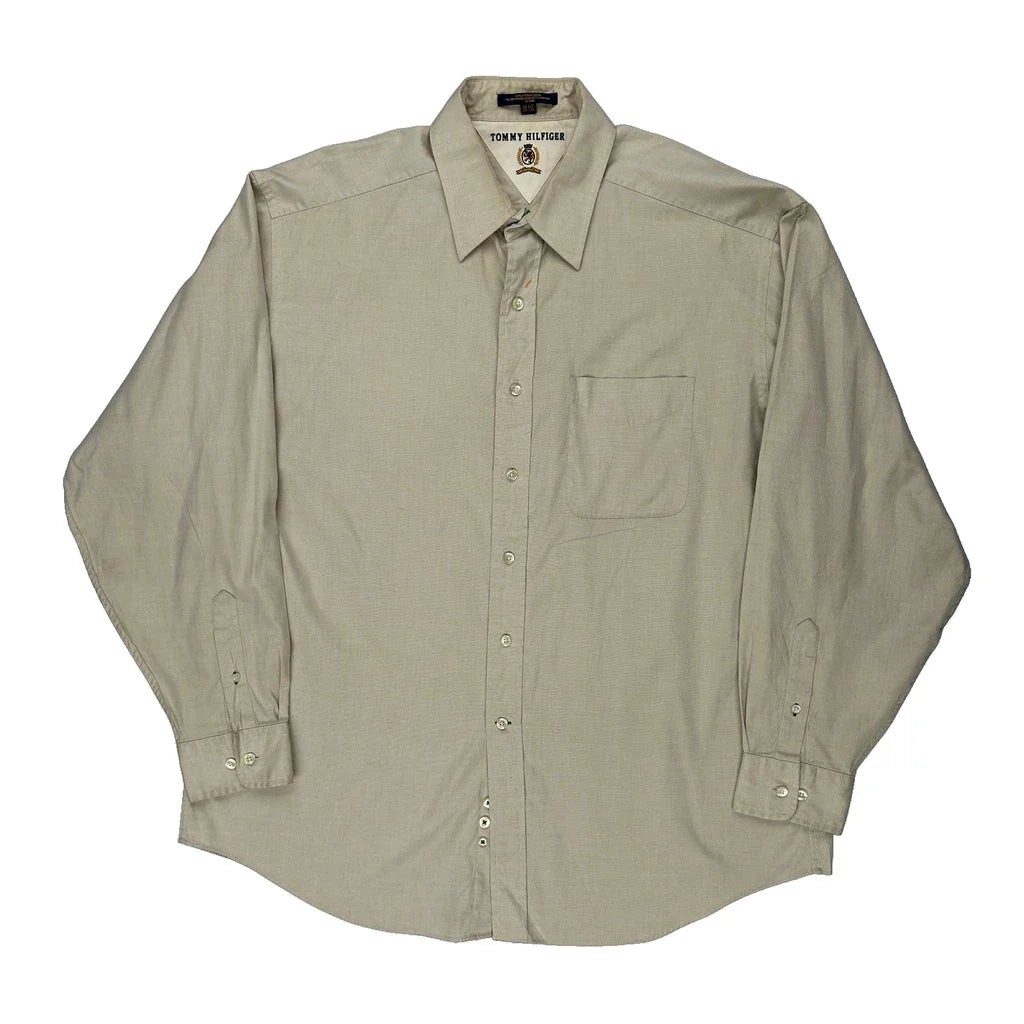 Tommy Hilfiger Shirt - Large Beige Cotton Refurbished - Thrifted (note: this is a term often used to describe second- refurbished available on Cerqular