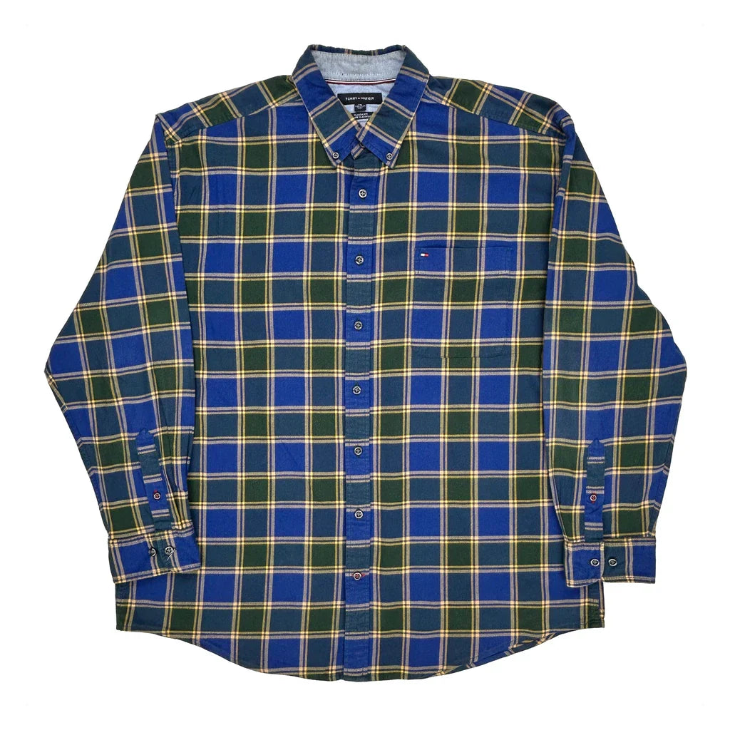 Tommy Hilfiger Checked Shirt - 2XL Blue Cotton Refurbished - Thrifted (note: this is a term often used to describe second- refurbished available on Cerqular