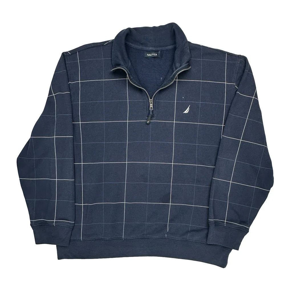 Nautica Checked 1/4 Zip - 2XL Blue Cotton Refurbished - Thrifted (note: this is a term often used to describe second- refurbished available on Cerqular