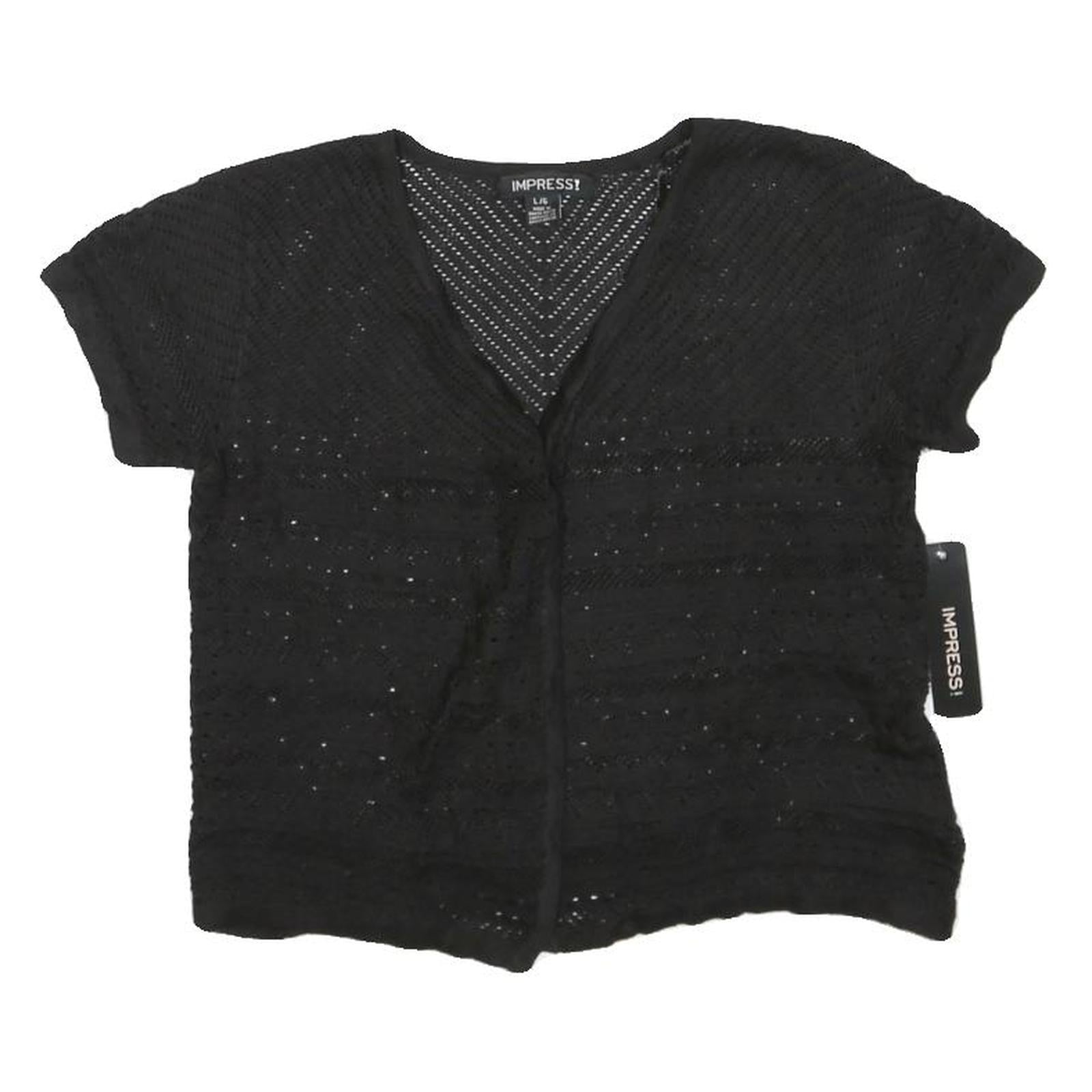 IMPRESS Womens Black Crochet Top Short Sleeve V-Neck L Lightweight Summer Refurbished - N/A refurbished available on Cerqular