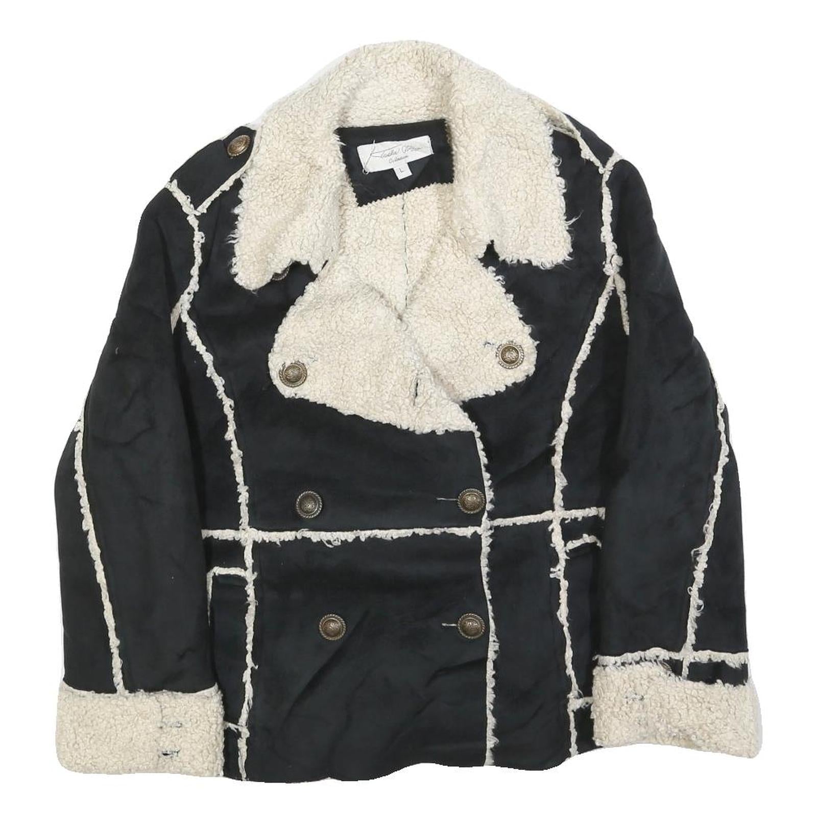 TASHA POLINGGI Womens Black & Cream Jacket L Polyester Blend Button Sherpa Trim Refurbished - N/A refurbished available on Cerqular