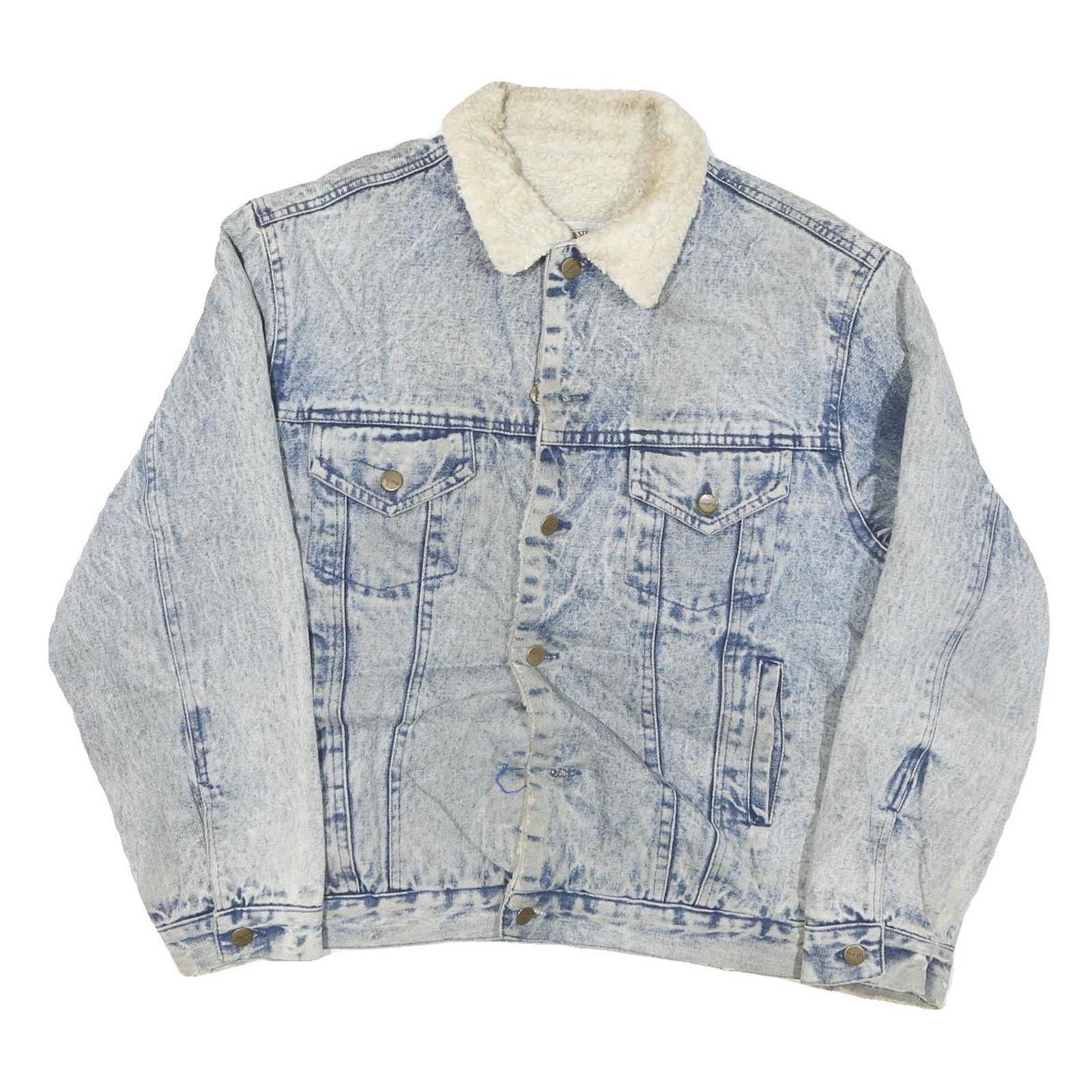 JUNGLE STEAMSHIPS CO Mens Blue Denim Sherpa Collar Jacket L Cotton Blend Button Refurbished - N/A refurbished available on Cerqular