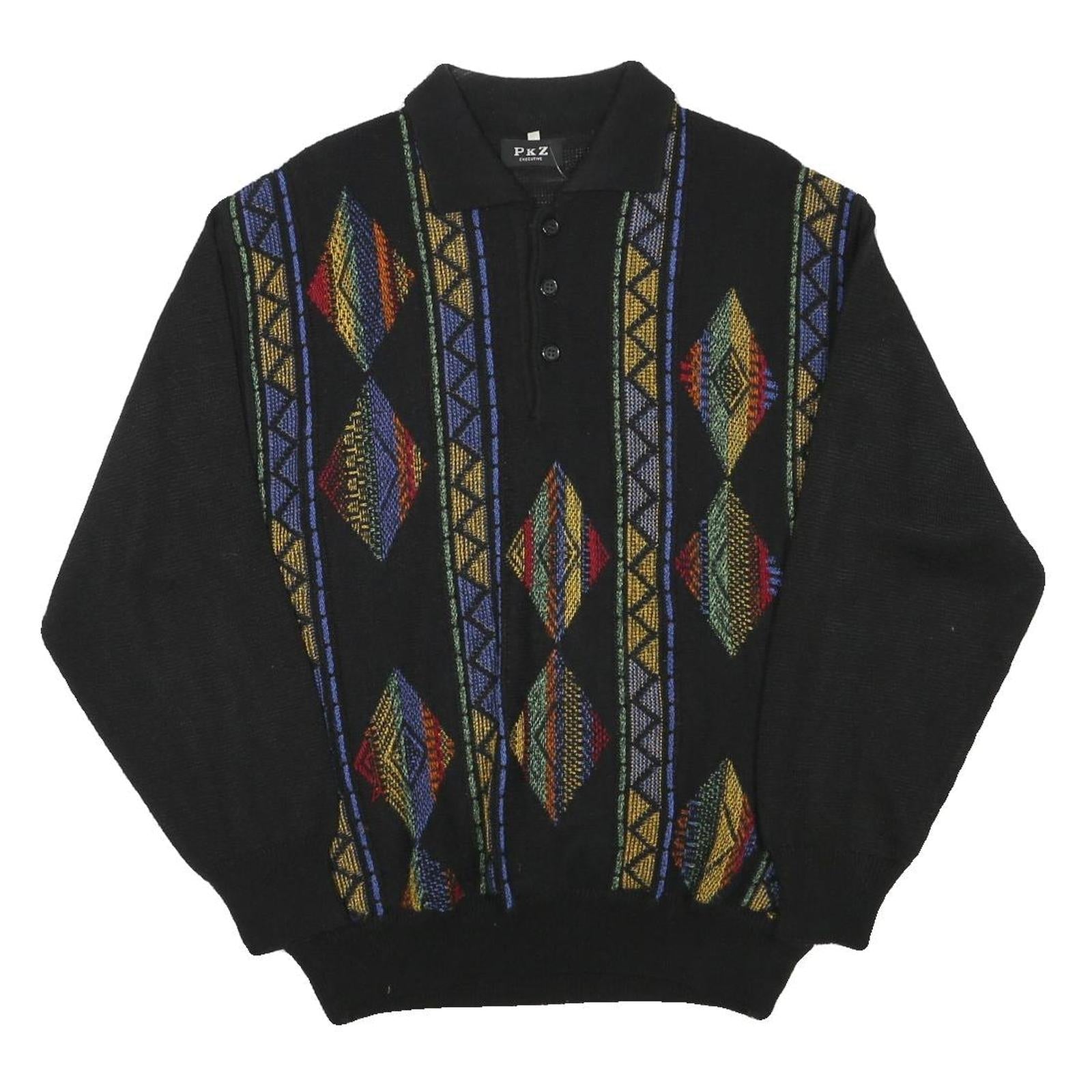 PKZ Mens Black Patterned Pullover Polo Wool Blend Jumper L Casual Retro Knit Refurbished - N/A refurbished available on Cerqular