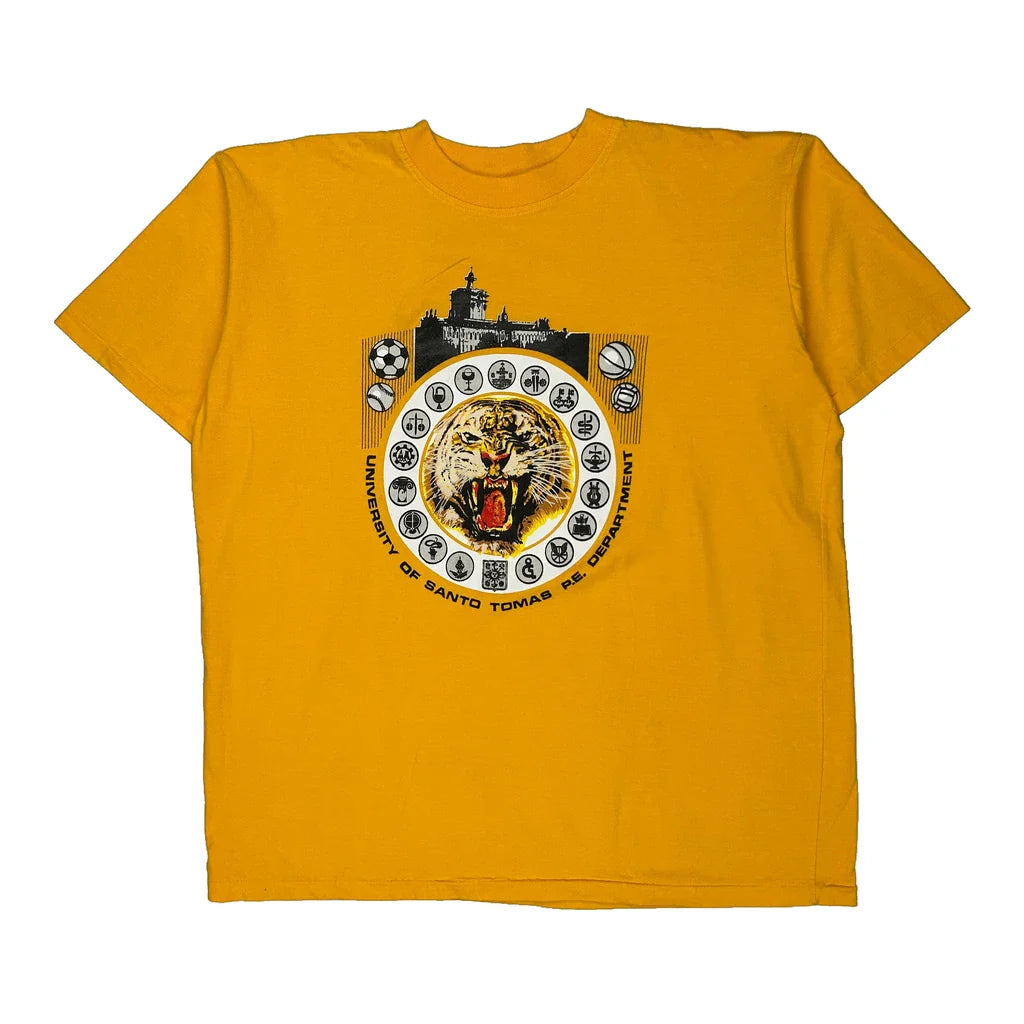 University Of Santo Tomas Unbranded College T-Shirt - Medium Yellow Cotton Refurbished - Thrifted (note: this is a term often used to describe second- refurbished available on Cerqular