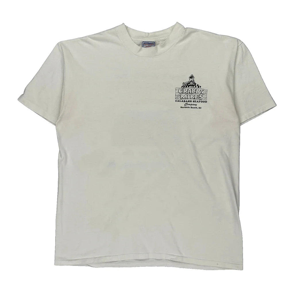 Crabby Mike'S Seafood Co. All Sport Graphic T-Shirt - XL White Cotton Refurbished - Thrifted (note: this is a term often used to describe second- refurbished available on Cerqular