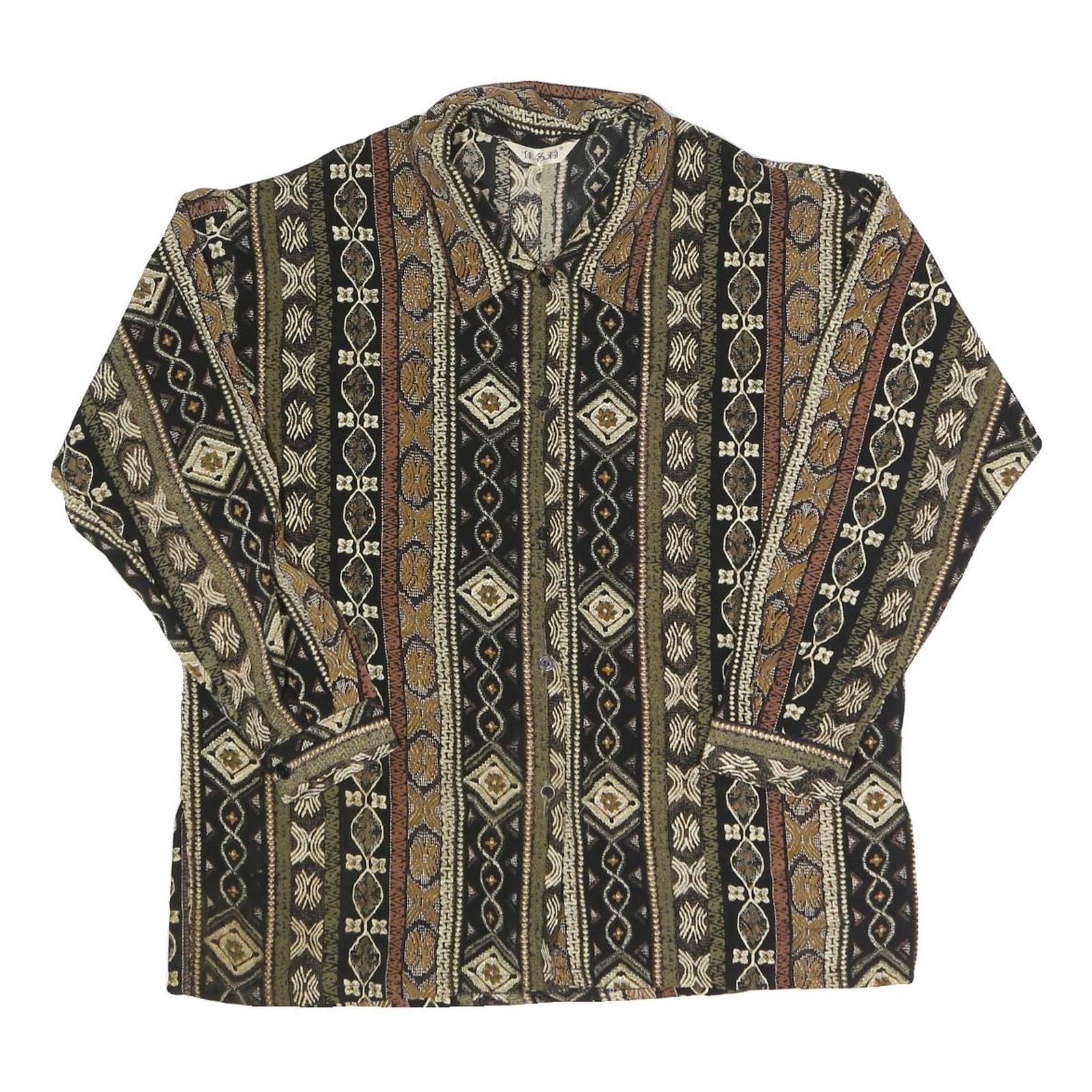 Womens Black Green Bronze Patterned Shirt Long Sleeve Collar L Vintage Boho Refurbished - N/A refurbished available on Cerqular
