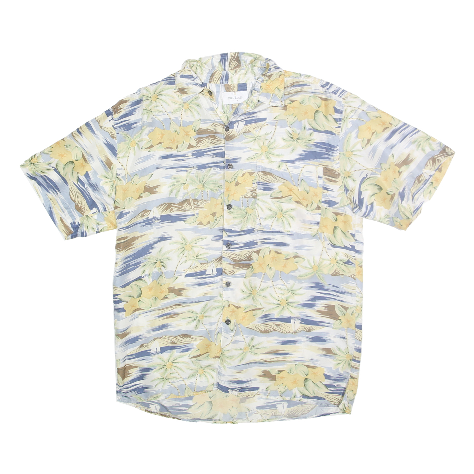 BILL BLASS Mens Blue & Beige Floral Silk Shirt L Hawaiian Style Casual Refurbished - N/A refurbished available on Cerqular