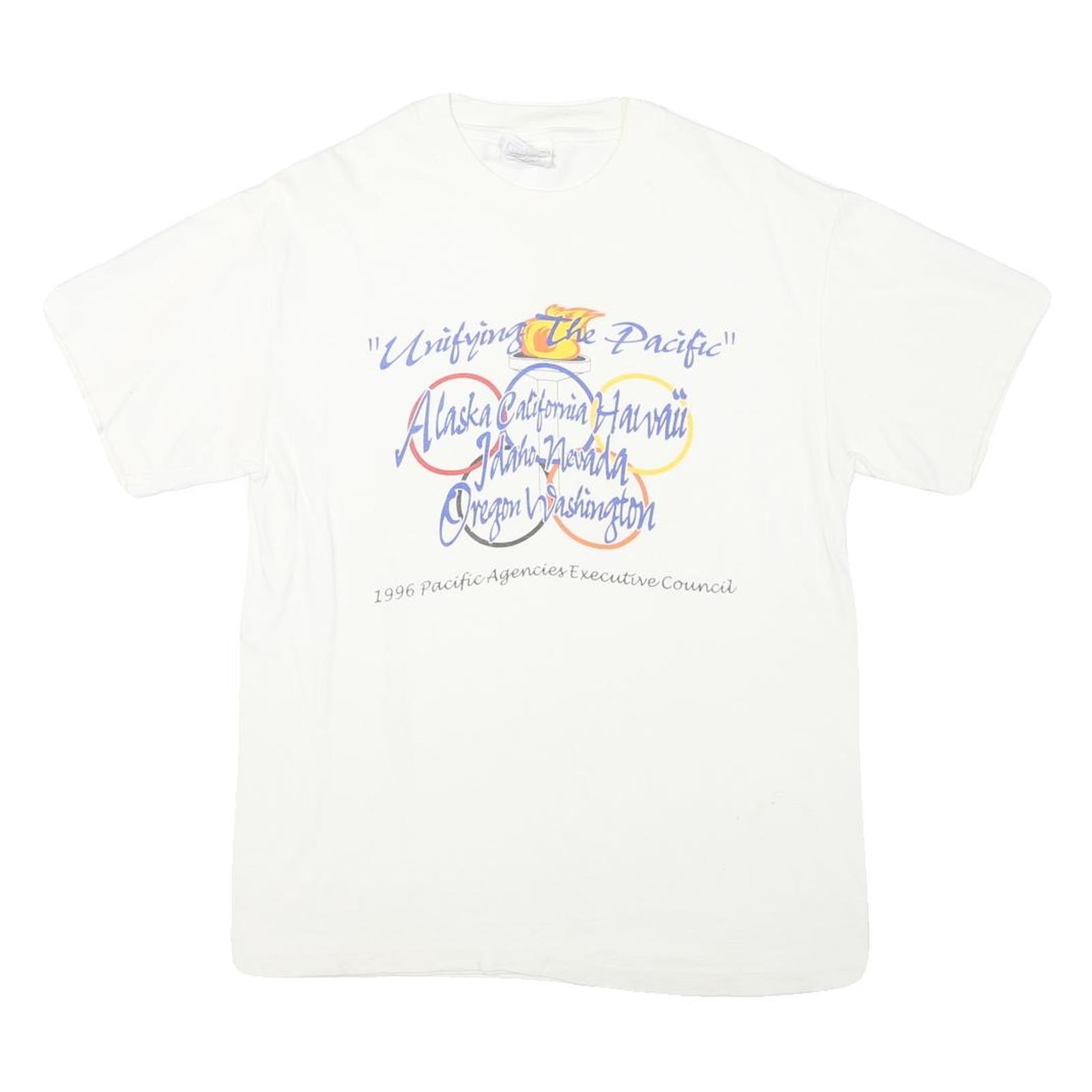 HANES Mens White Graphic T-Shirt M Short Sleeve Crew Neck Pacific Council 1996 Refurbished - N/A refurbished available on Cerqular