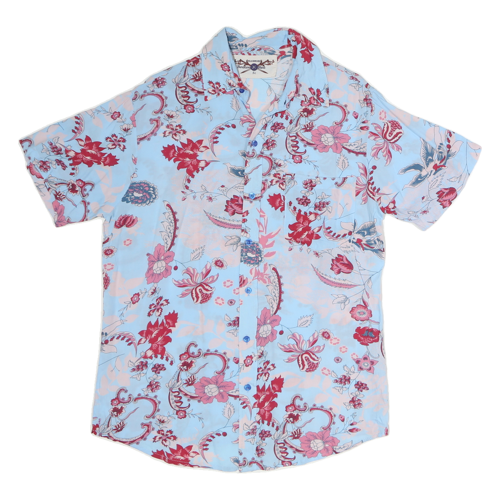 BEUTON BLUE Mens Blue & Pink Floral Shirt L Polyester Short Sleeve Casual Refurbished - N/A refurbished available on Cerqular