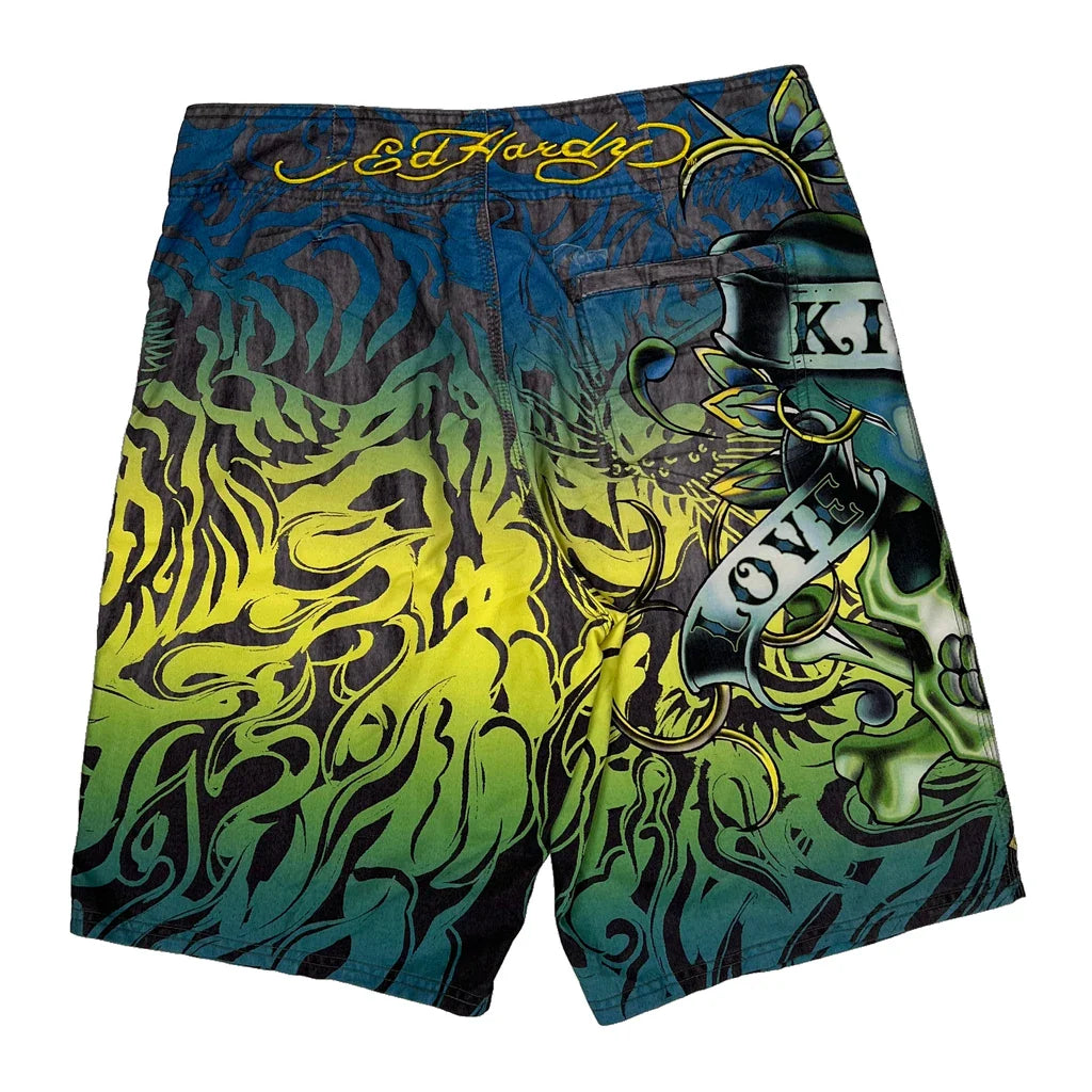 Skull Design Ed Hardy Graphic Shorts - 31″ Waist Multicoloured Polyester Refurbished - Thrifted (note: this is a term often used to describe second- refurbished available on Cerqular