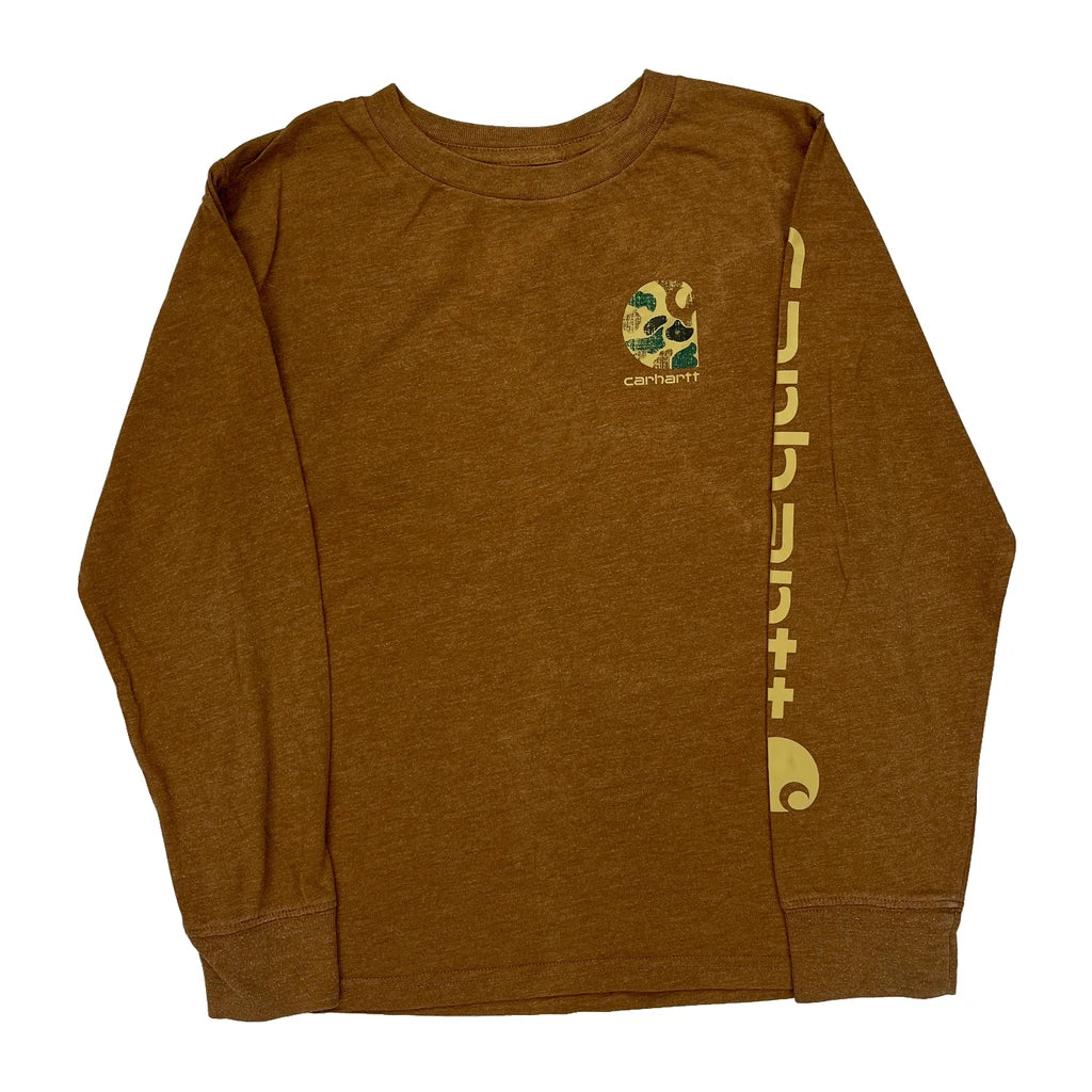 Age 8-10 Carhartt Graphic Long Sleeve T-Shirt - Small Brown Cotton Refurbished - Thrifted (note: this is a term often used to describe second- refurbished available on Cerqular