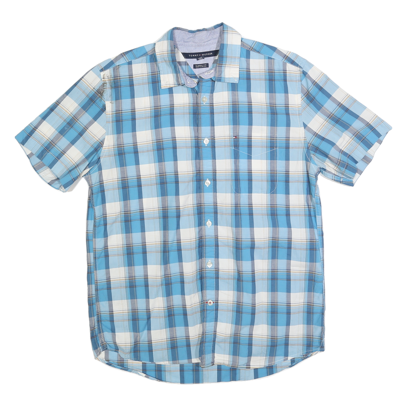 TOMMY HILFIGER Mens Blue White & Navy Check Shirt M Classic Fit Cotton Blend Refurbished - N/A refurbished available on Cerqular