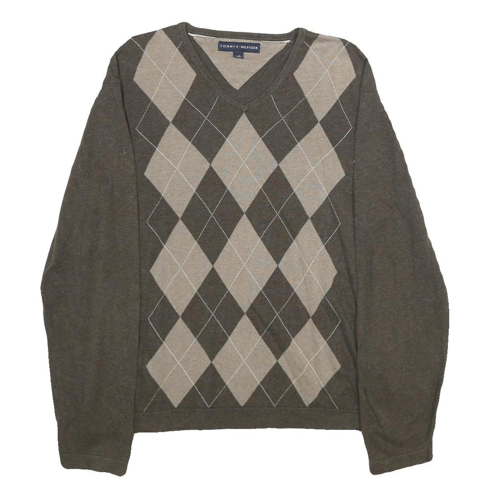 TOMMY HILFIGER Mens Brown & Beige Patterned Cotton Jumper V-Neck Basic Knit L Refurbished - N/A refurbished available on Cerqular