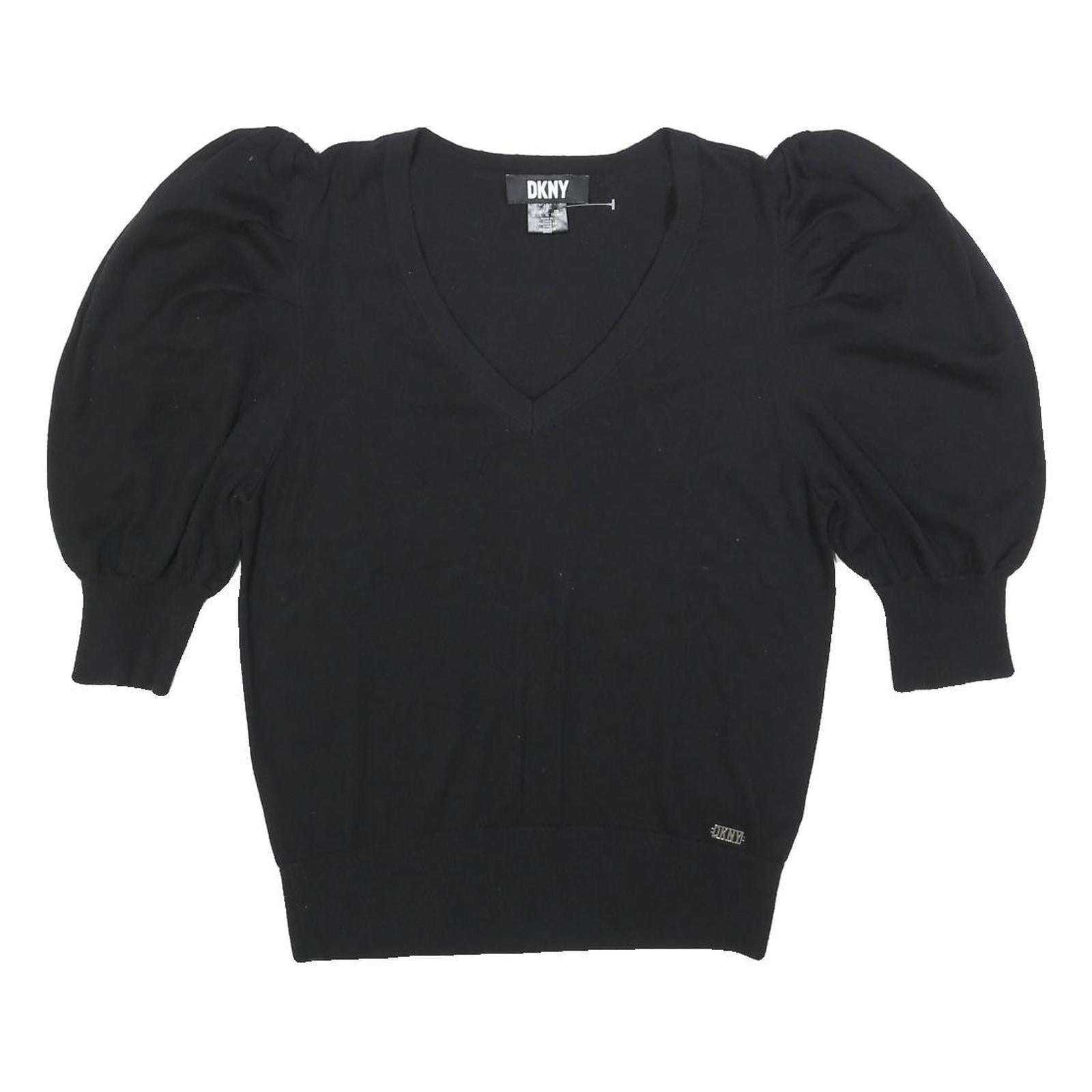 DKNY Womens Black Plain Jumper V-Neck Basic Knit L Puff Sleeve Stylish Refurbished - N/A refurbished available on Cerqular