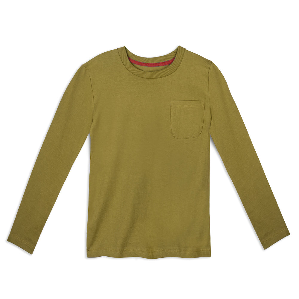 Organic Cotton Kids Shirts - Long Sleeve Pocket Tee | Color: Olive | Size: 4T Refurbished - N/A (Note: There is no well-known brand named "M refurbished available on Cerqular