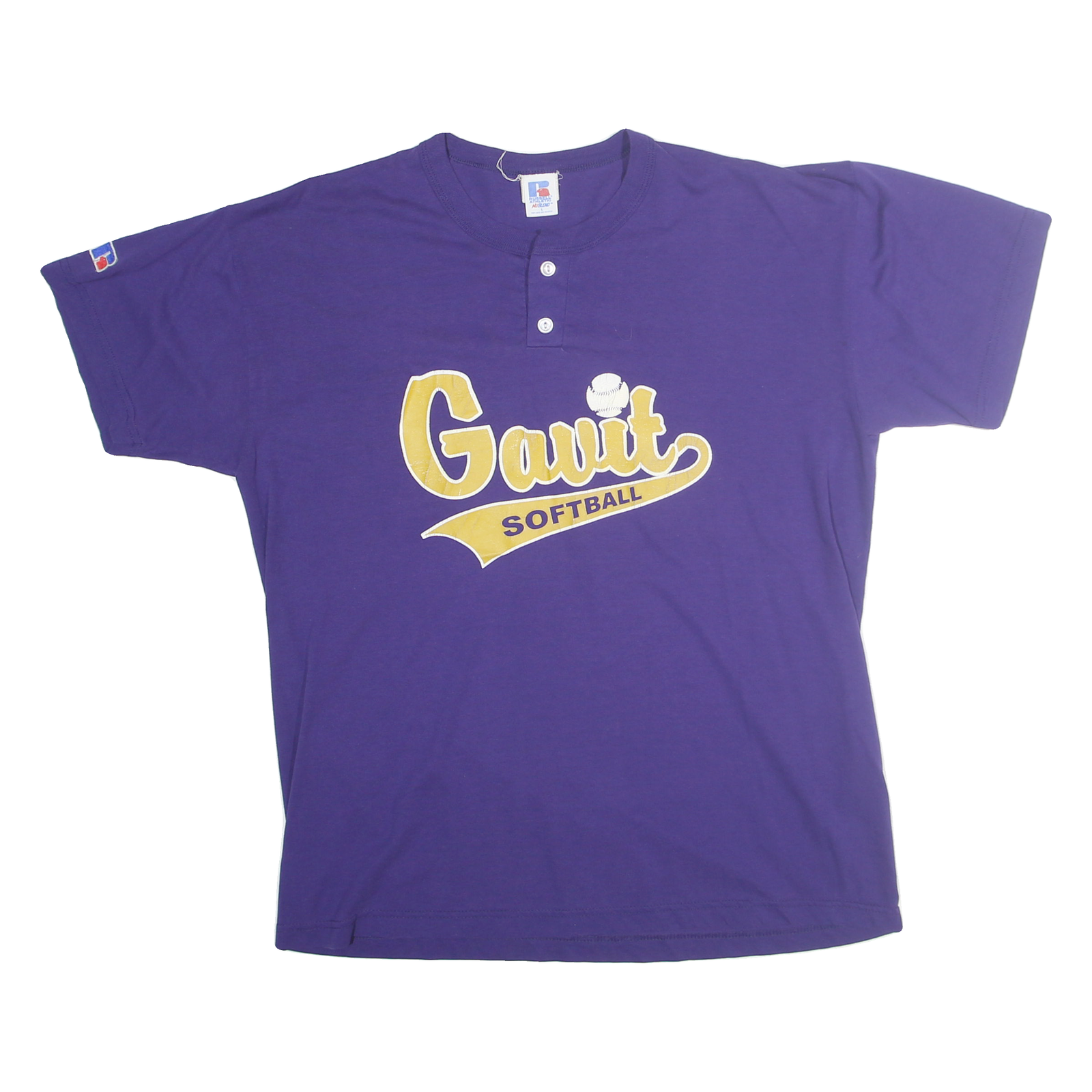 RUSSELL ATHLETIC Mens Purple & Yellow Gavit Softball T-Shirt L Short Sleeve Crew Refurbished - N/A refurbished available on Cerqular
