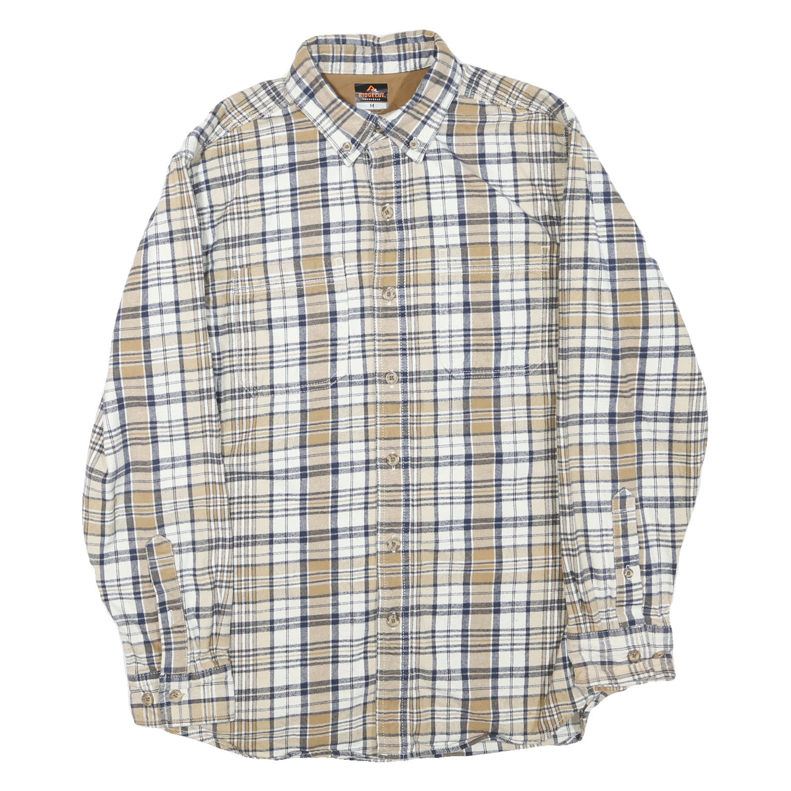 RIDGECUT Mens Beige & Blue Check Shirt M Long Sleeve Button Collar Casual Cotton Refurbished - N/A refurbished available on Cerqular