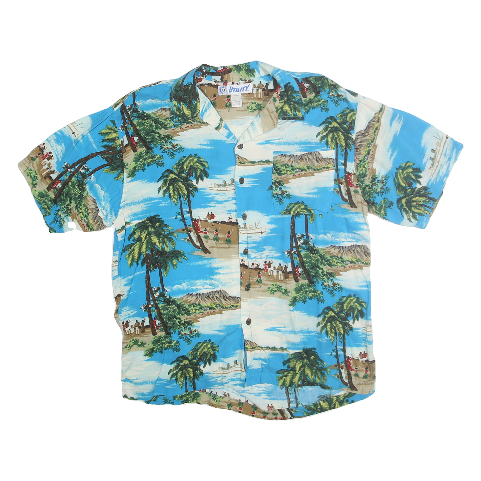 UTLITY Mens Blue Hawaiian Shirt L Rayon Tropical Print Casual Beachwear Refurbished - N/A refurbished available on Cerqular