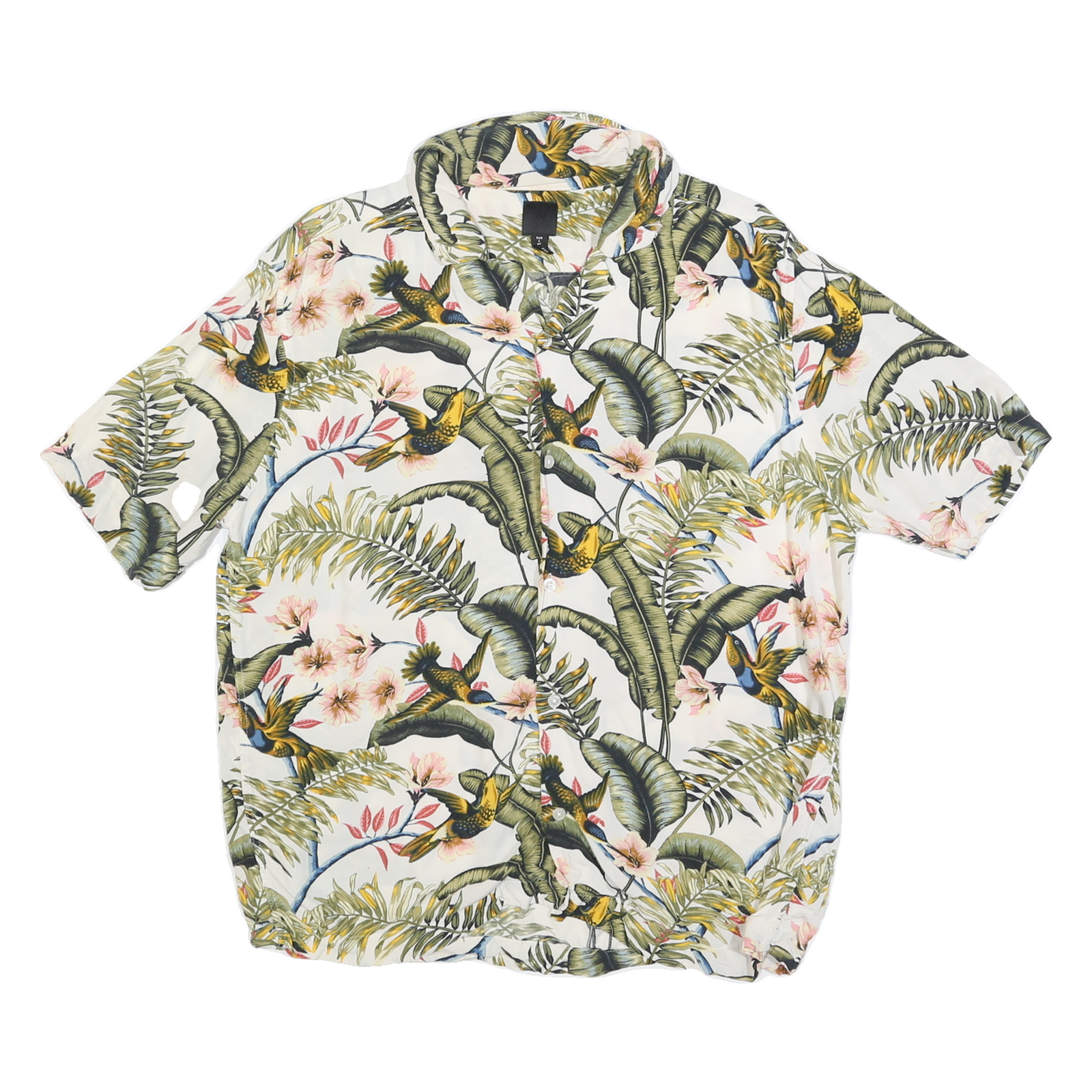 H&M Mens White Tropical Bird Print Short Sleeve Shirt L Casual Summer Holiday Refurbished - N/A refurbished available on Cerqular