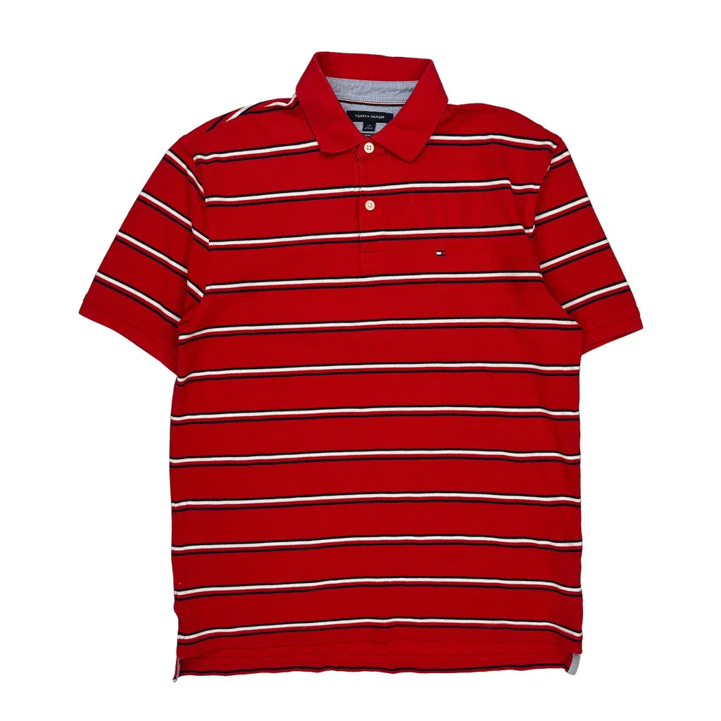 Tommy Hilfiger Striped Polo Shirt - Large Red Cotton Refurbished - Thrifted (note: this is a term often used to describe second- refurbished available on Cerqular