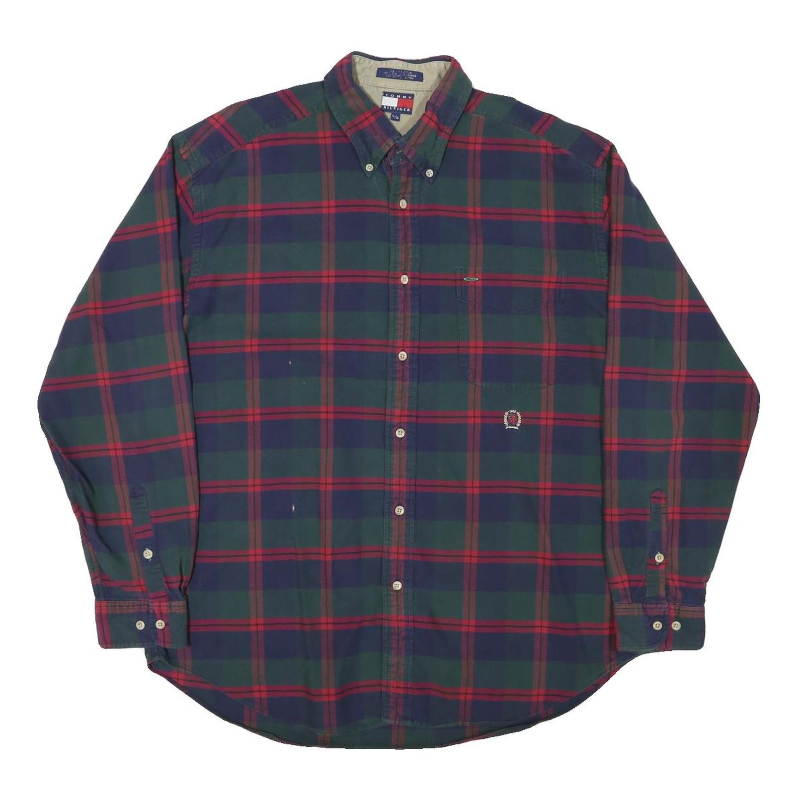 TOMMY HILFIGER Mens Green & Red Check Shirt L Long Sleeve Button Casual Cotton Refurbished - N/A refurbished available on Cerqular