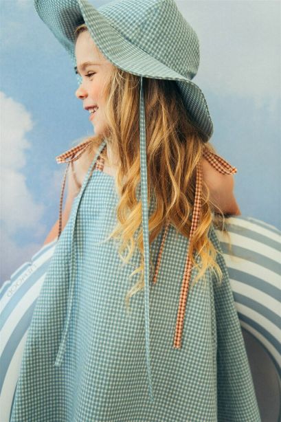 Mint checkered kid's sun hat | Size: 4-8 YEARS Refurbished - N/A (Note: This brand may not be well-known globally refurbished available on Cerqular