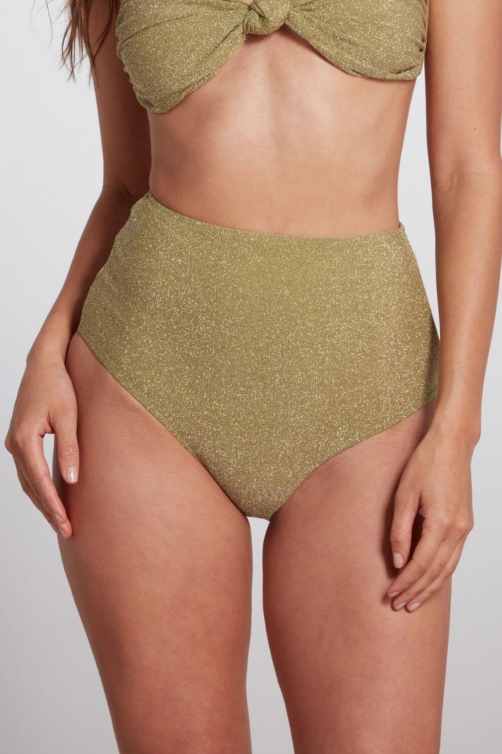 Claire High Waist Bikini Bottom Lurex Green | Size: Large Refurbished - Sauipe Swim refurbished available on Cerqular