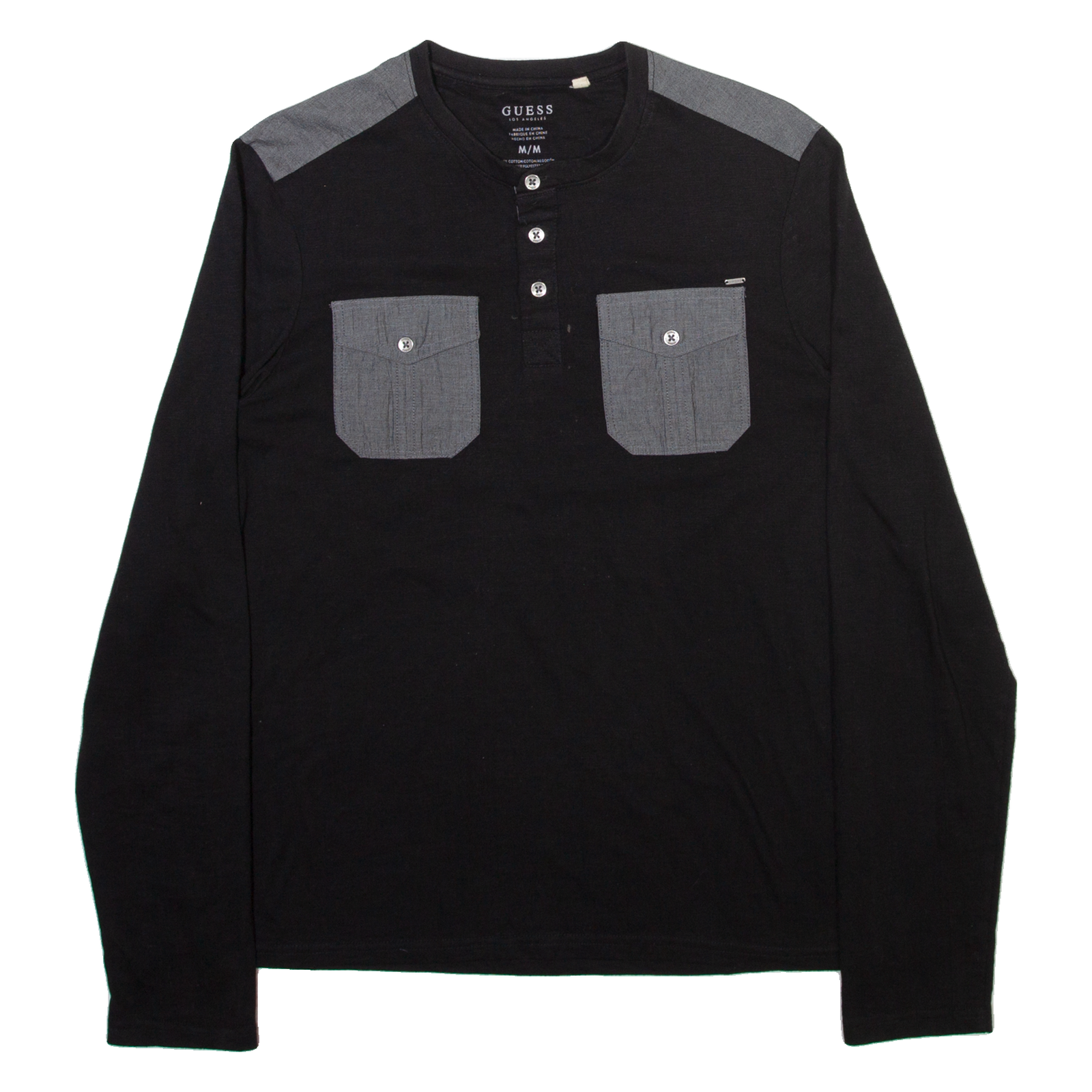 GUESS Mens T-Shirt Black Long Sleeve Button Neck M Refurbished - N/A refurbished available on Cerqular