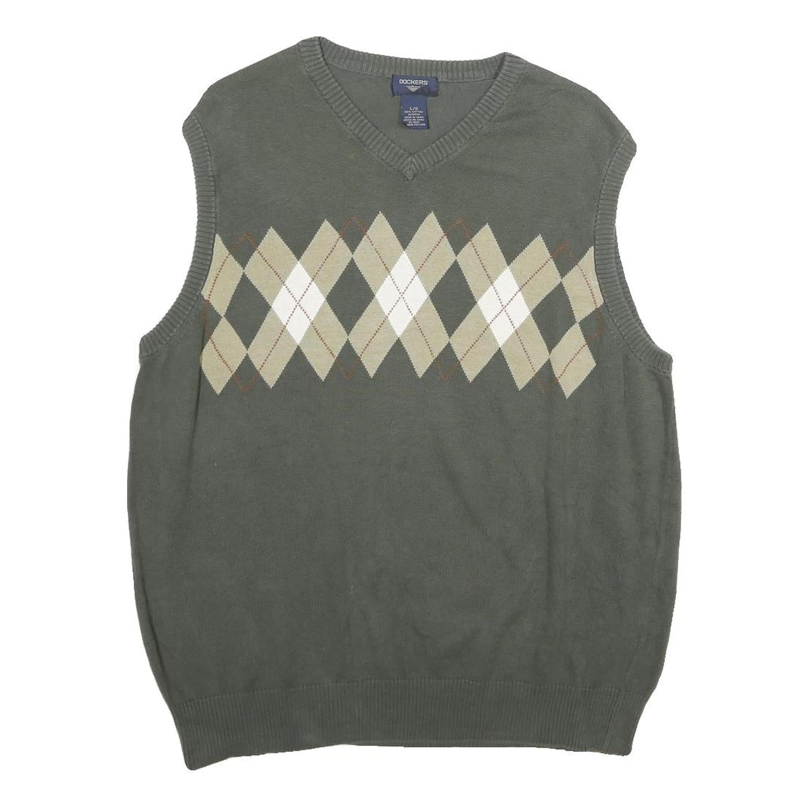 DOCKERS Mens Grey Beige Argyle Cotton Sleeveless V-Neck Jumper L Classic Refurbished - N/A refurbished available on Cerqular